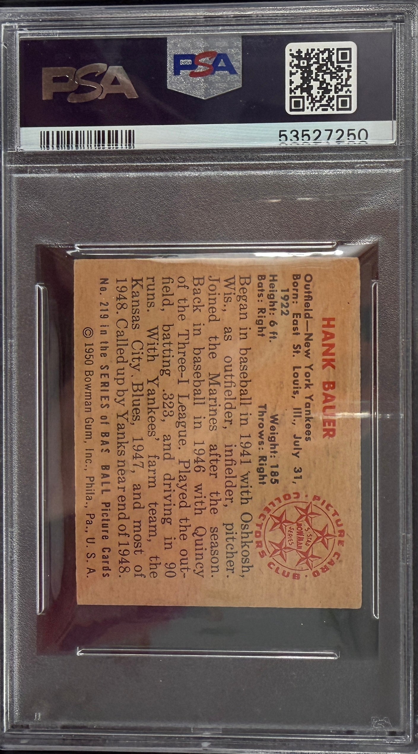 1950 BOWMAN Hank Bauer #219 BASEBALL CARD GRADED PSA 4