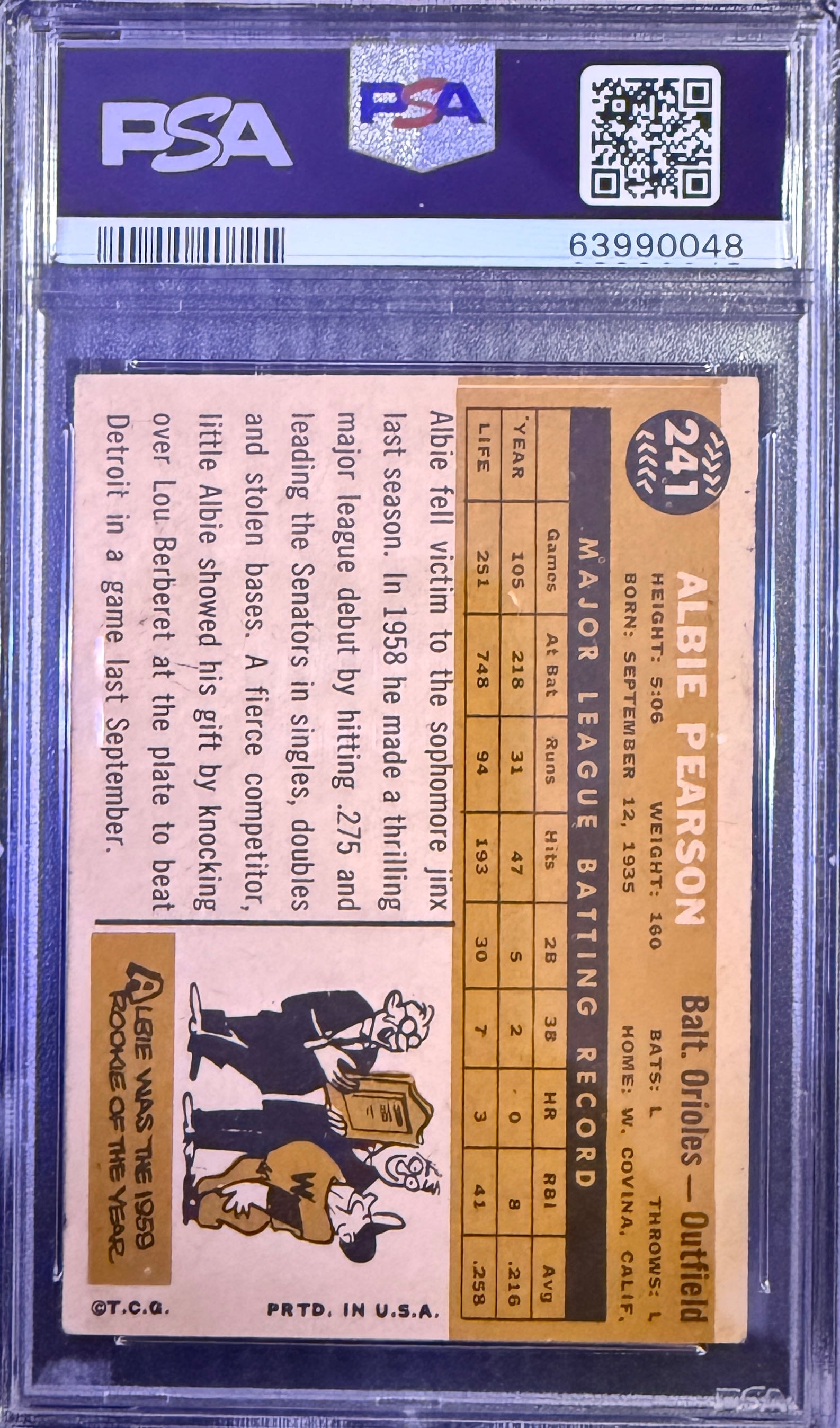 1960 Topps Albie Pearson #241 Baltimore Orioles PSA 3
