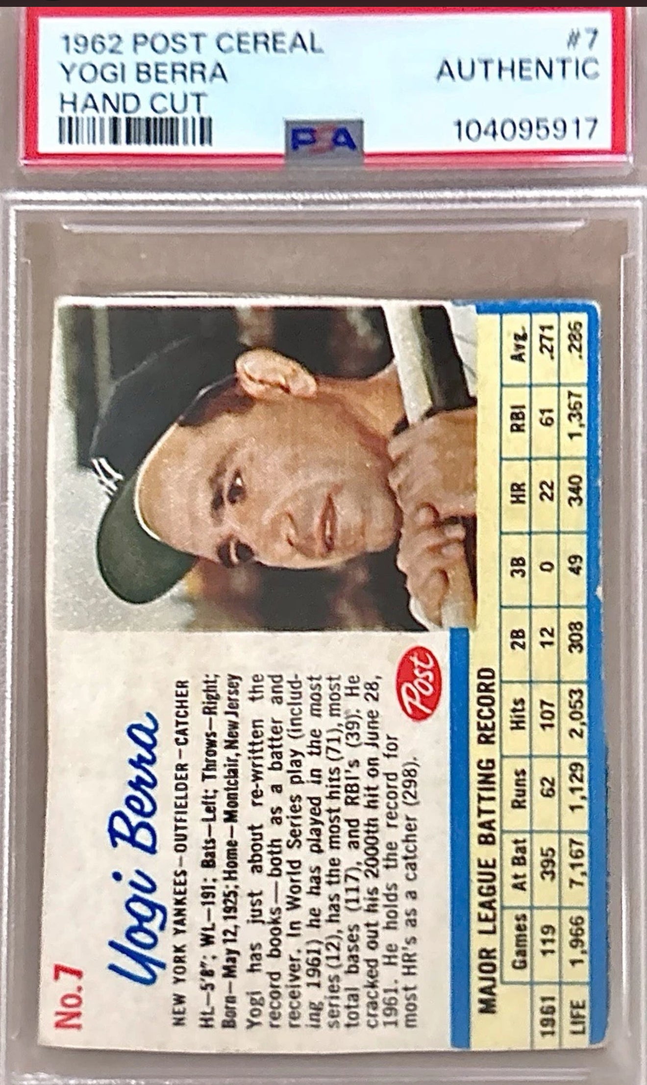 1962 Yogi Berra Card - Post Cereal - PSA Authentic- HOF