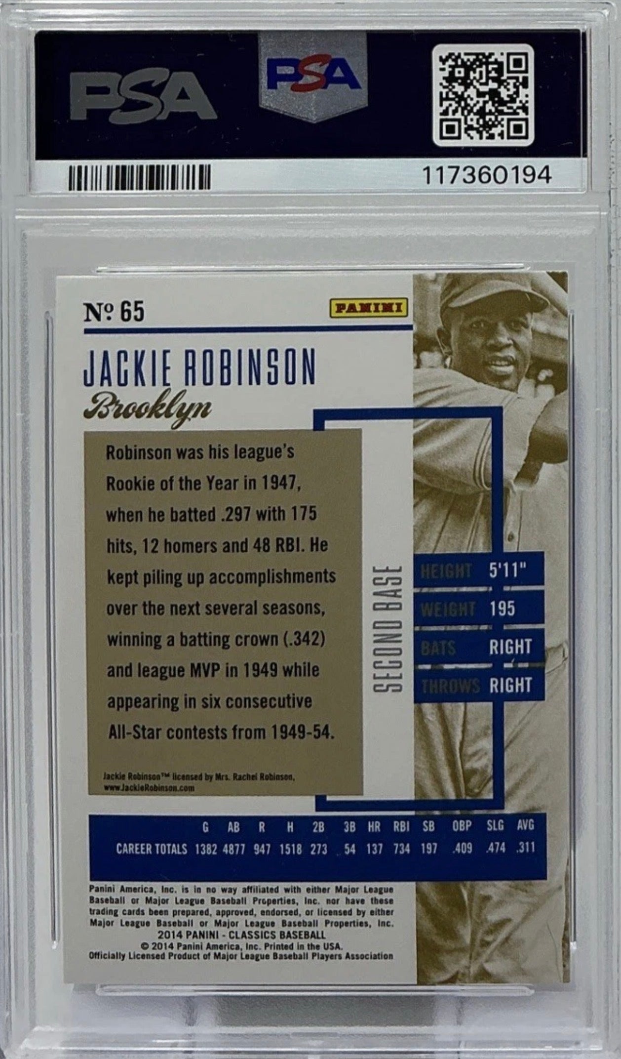 Jackie Robinson PSA 10 -2014 Panini Classics -Dodgers, MVP, “Grace and Humility”