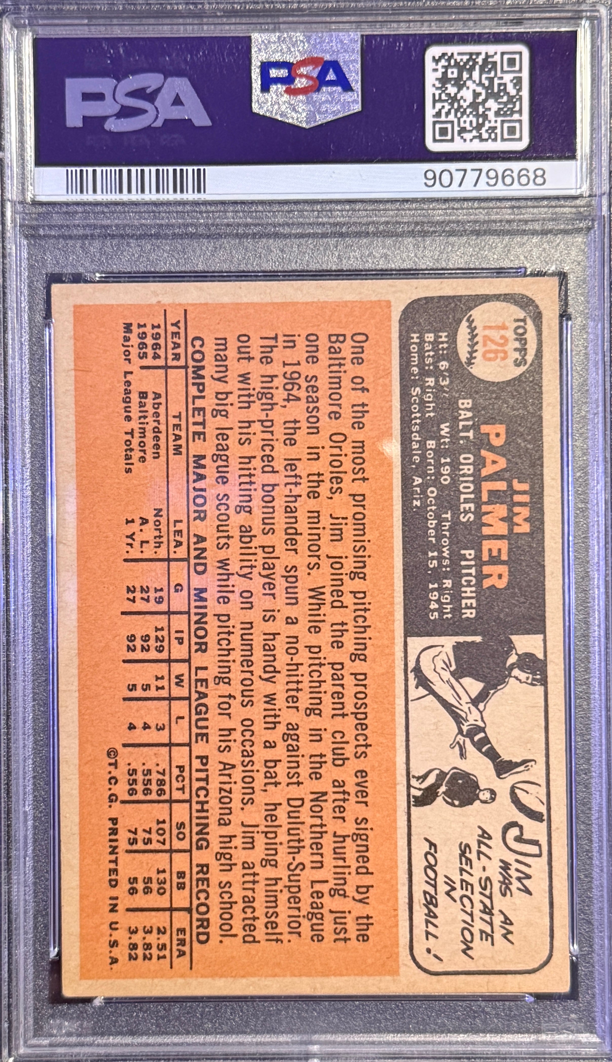 1966 Topps Jim Palmer RC #126 Baltimore Orioles PSA 4 KP
