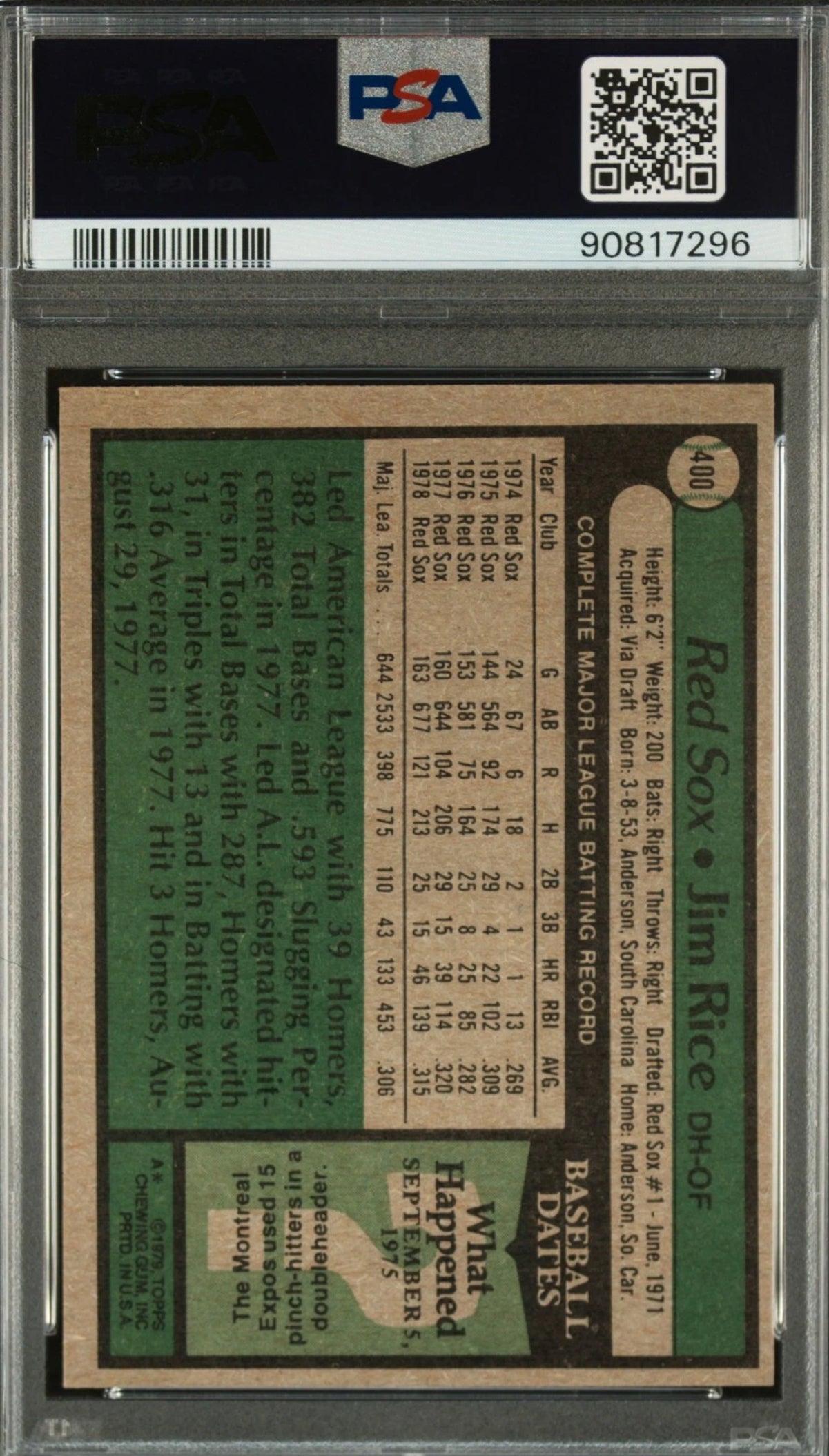 1979 TOPPS #400 JIM RICE PSA 8
