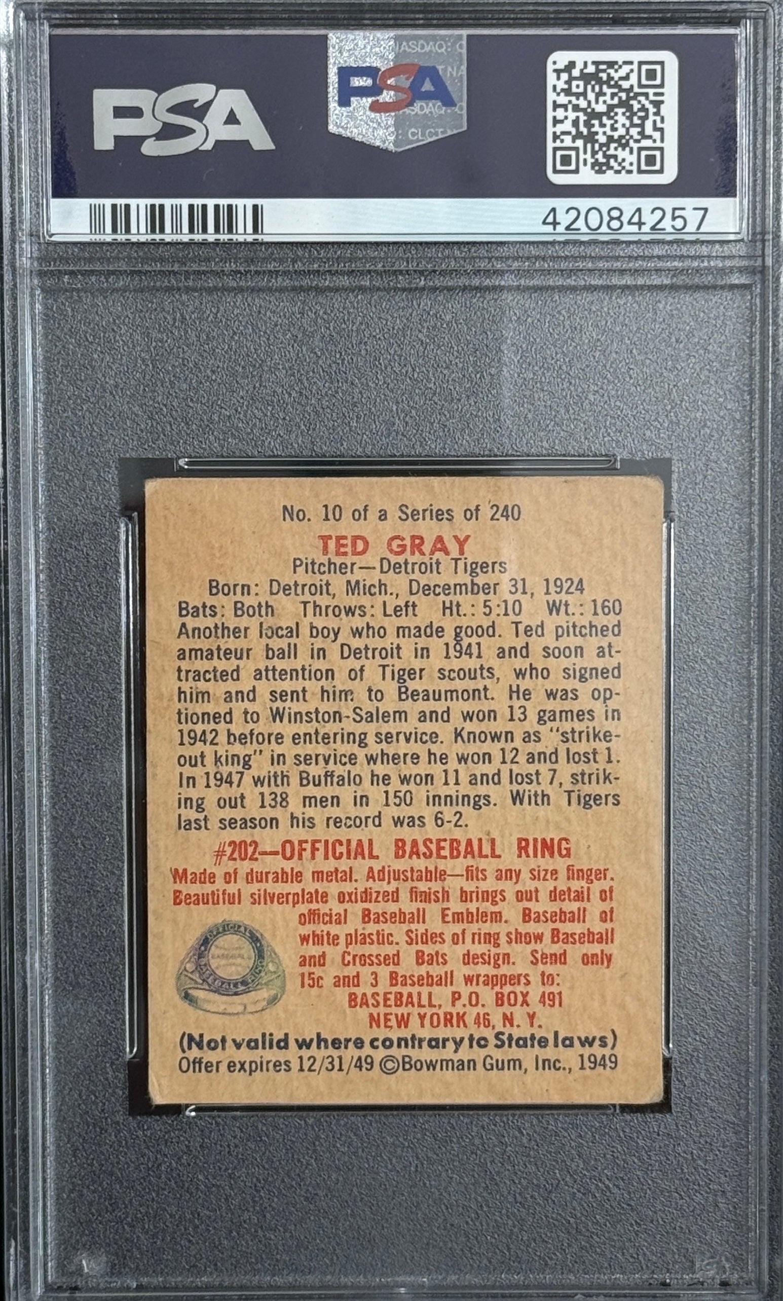 1949 Bowman #10 Ted Gray PSA 4