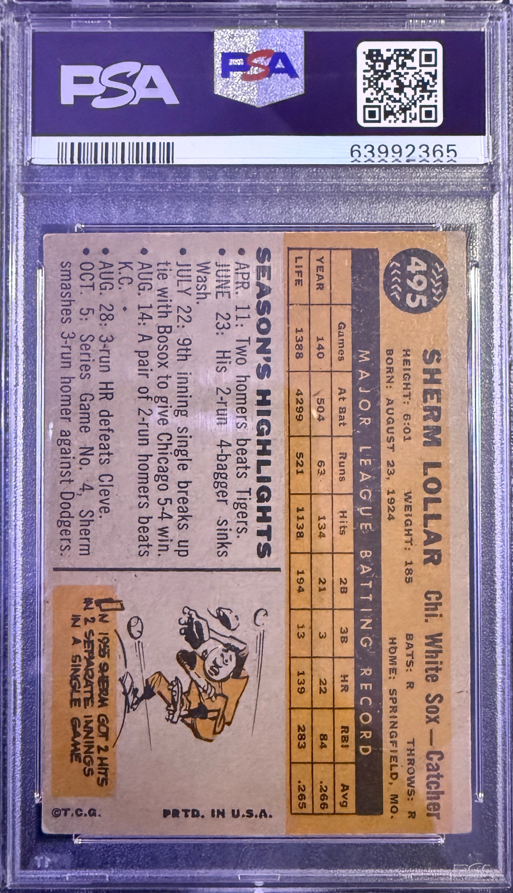 1960 Topps Sherm Lollar #495 Chicago PSA 3 (Centered)