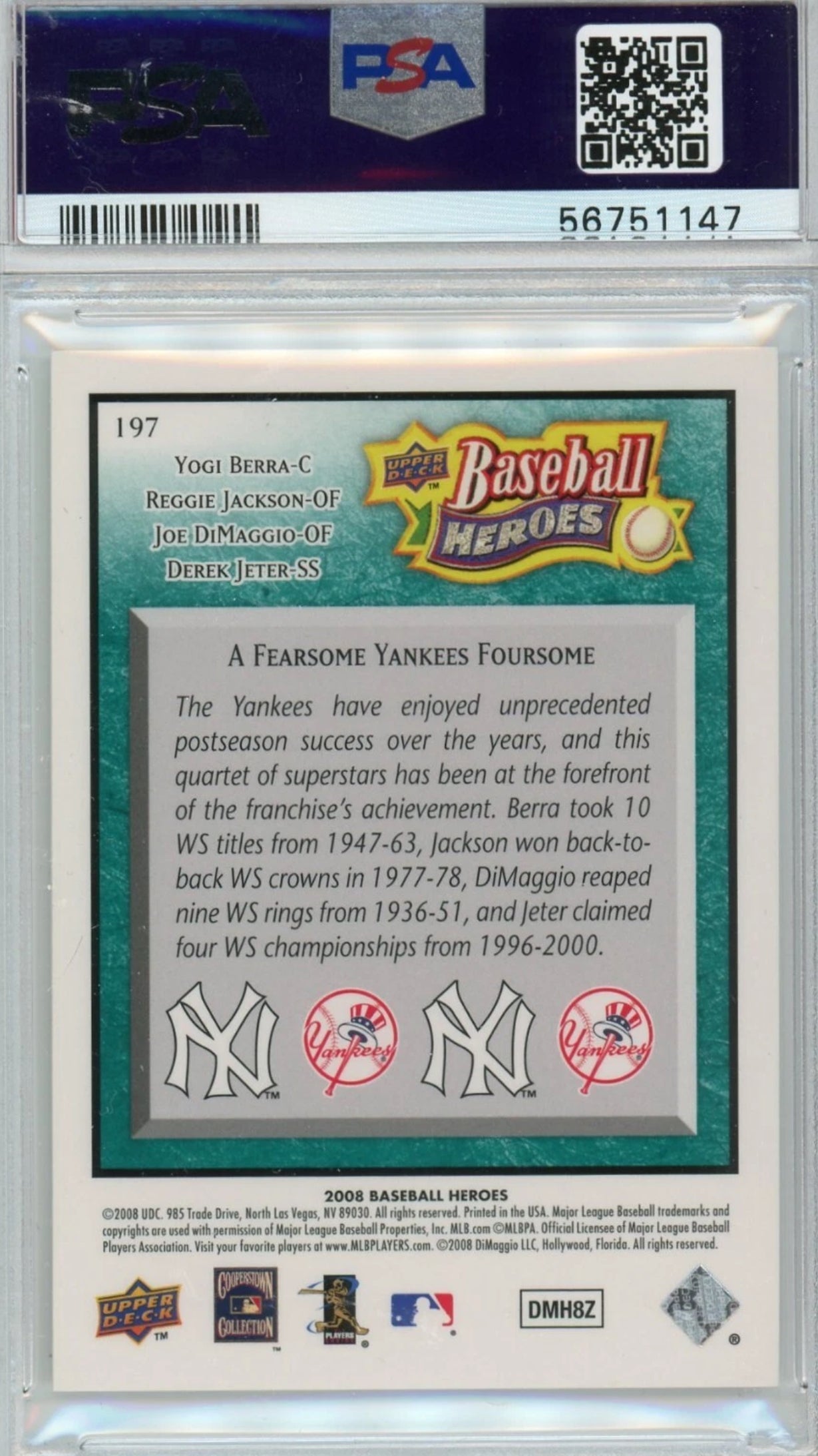2008 YANKEES Berra, Jackson, DiMaggio, Jeter Sea Green /99 PSA 9