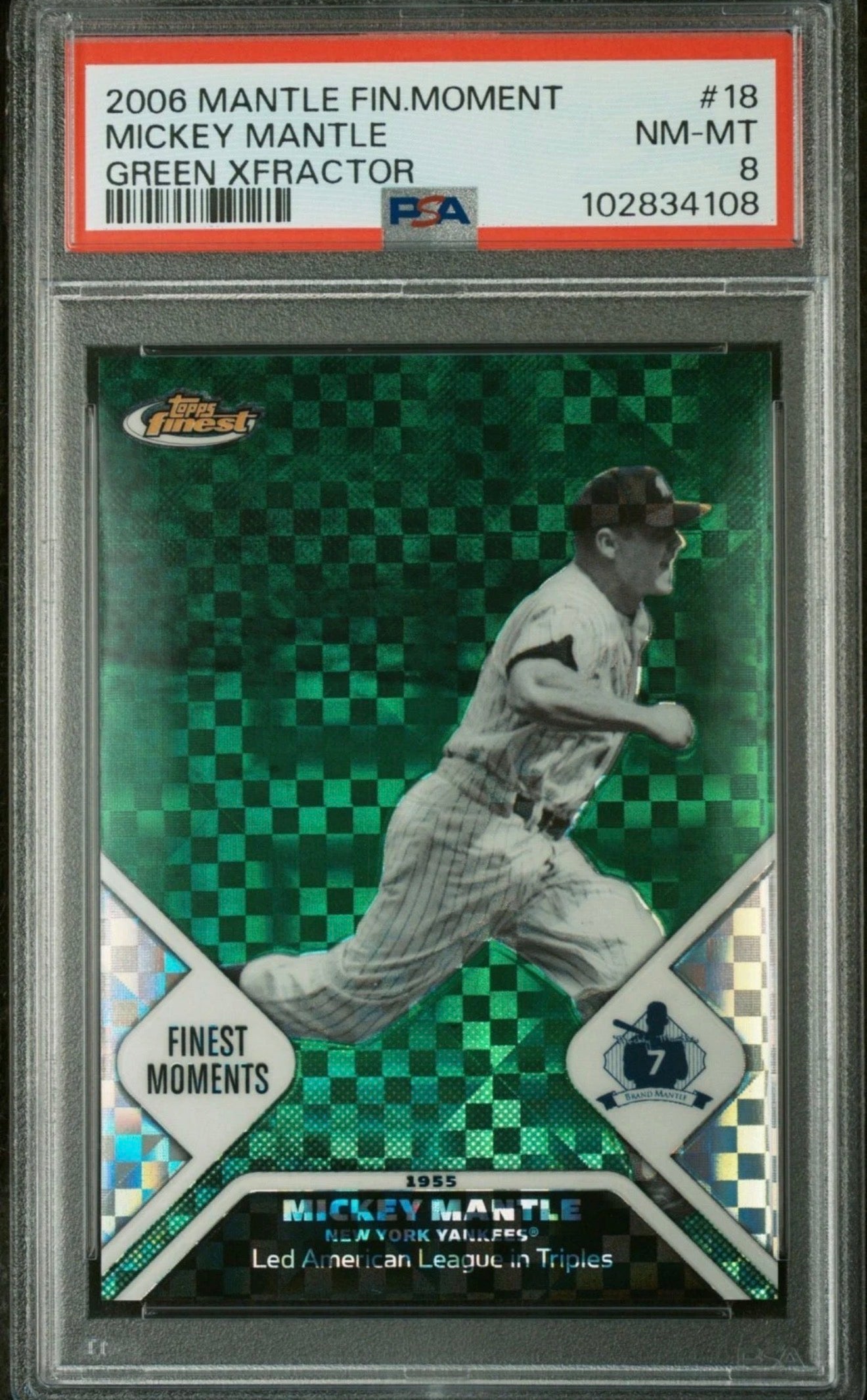 2006 Topps Finest Moments 18 Mickey Mantle Green XFractor #15/50 PSA 8 POP 1