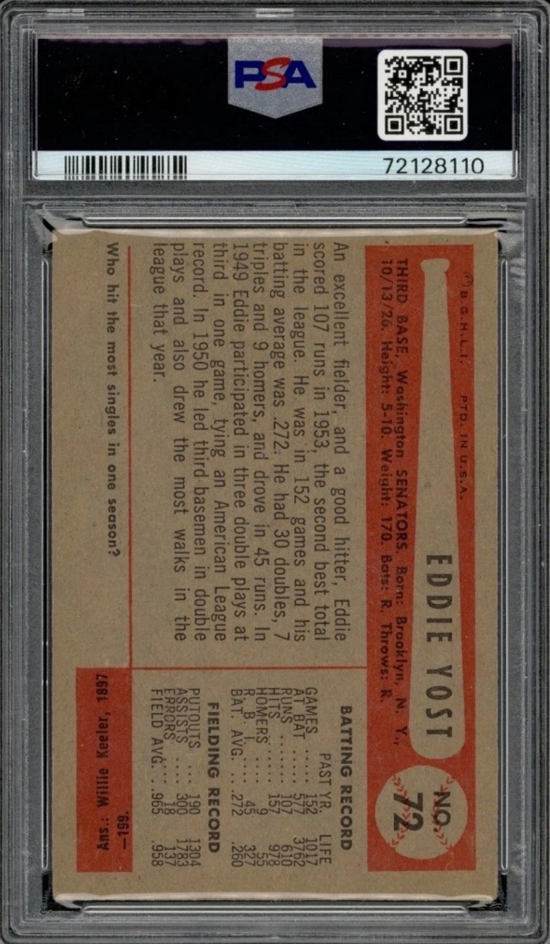 1954 Bowman Set-Break # 72 Ed Yost PSA 4 VG-EX