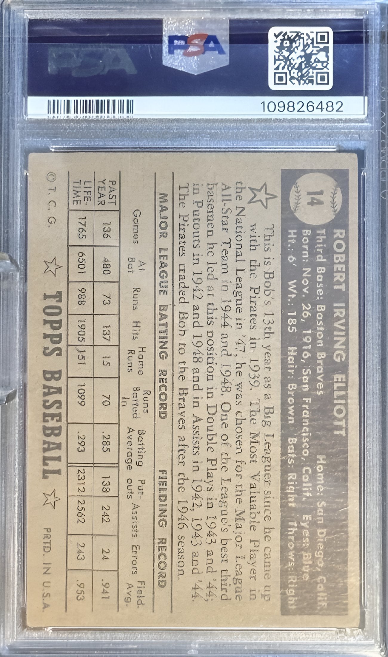1952 Topps - #14 BOB ELLIOTT Black back PSA 2