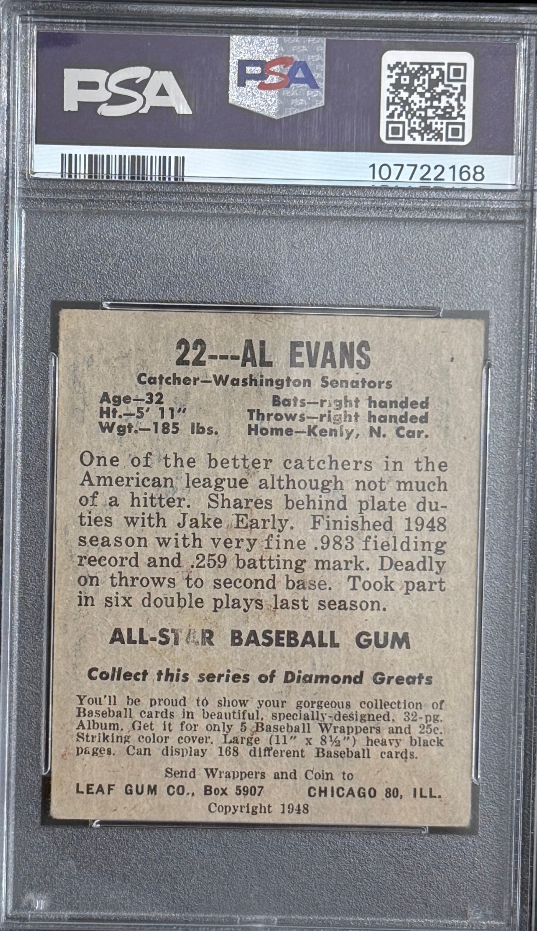 1948 Leaf Baseball Al Evans #22 PSA 2.5