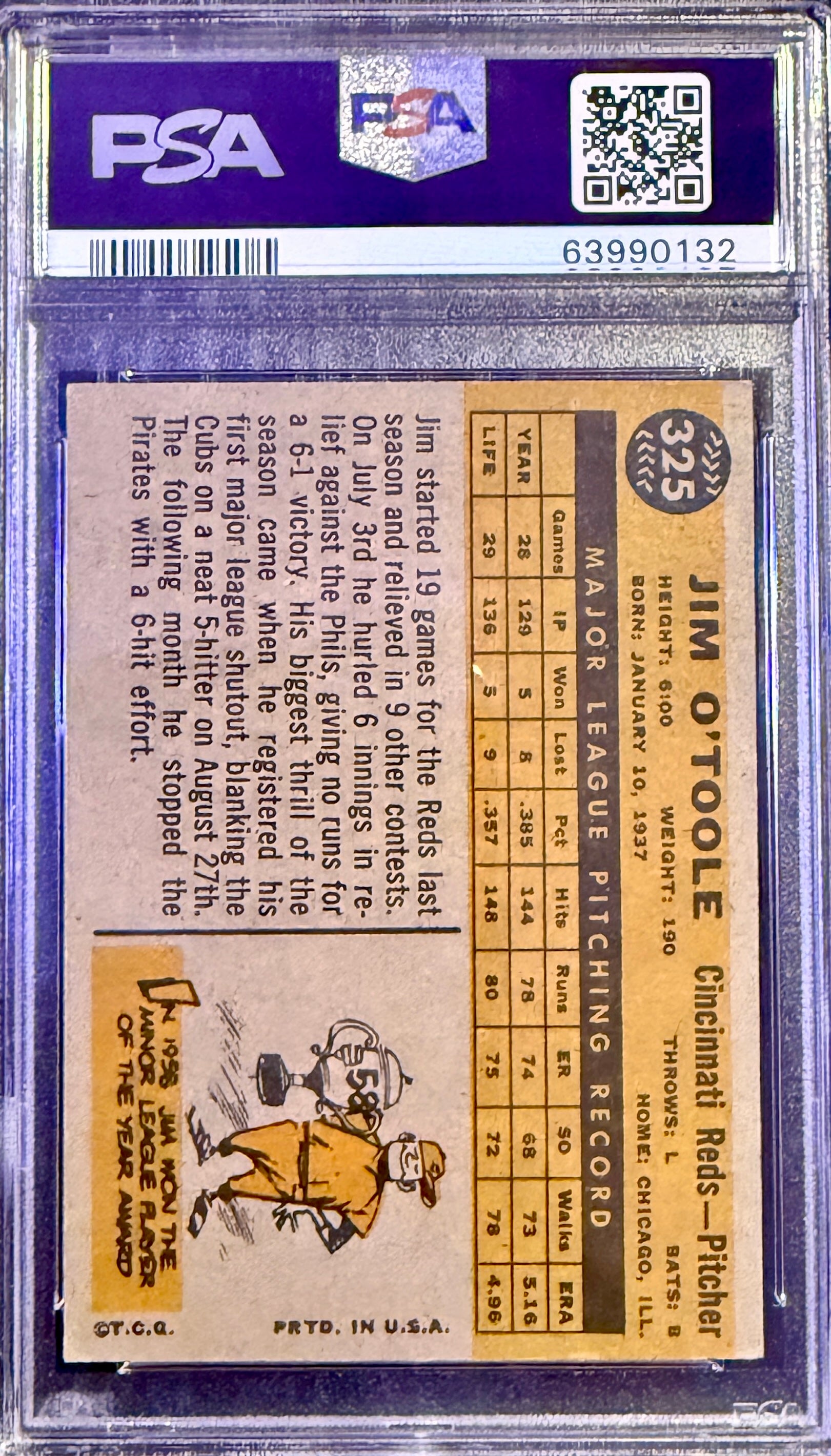 1960 Topps Jim O'Toole #325 Cincinnati Reds PSA 4