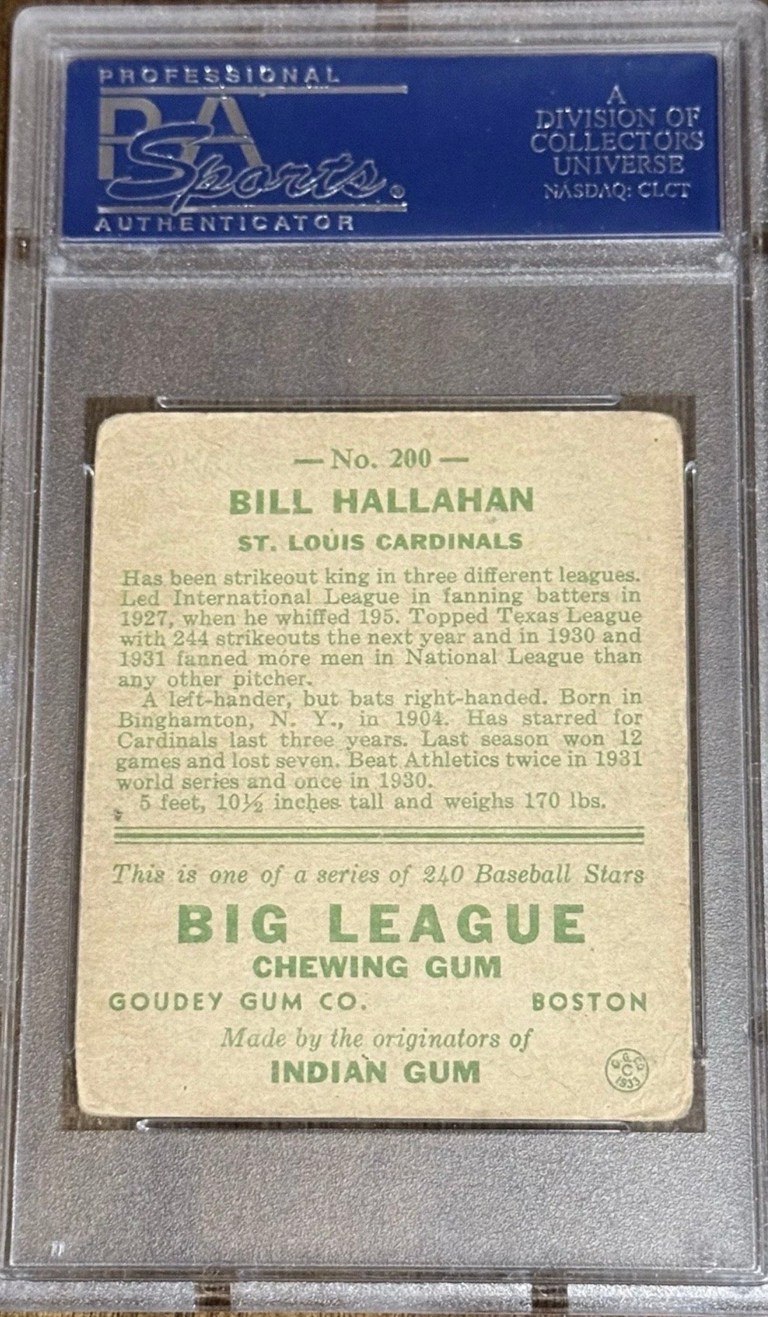 1933 Goudey Baseball #200 Bill Hallahan (RC) PSA 2.5 Good+