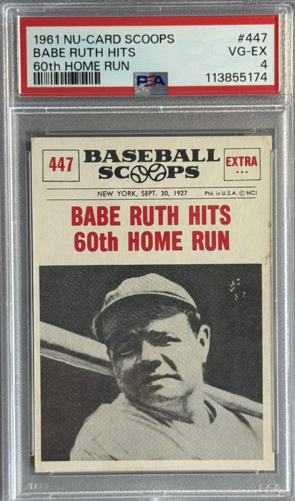 1961 Nu-Card Scoops Baseball BABE RUTH 60th Home Run #447 PSA 4