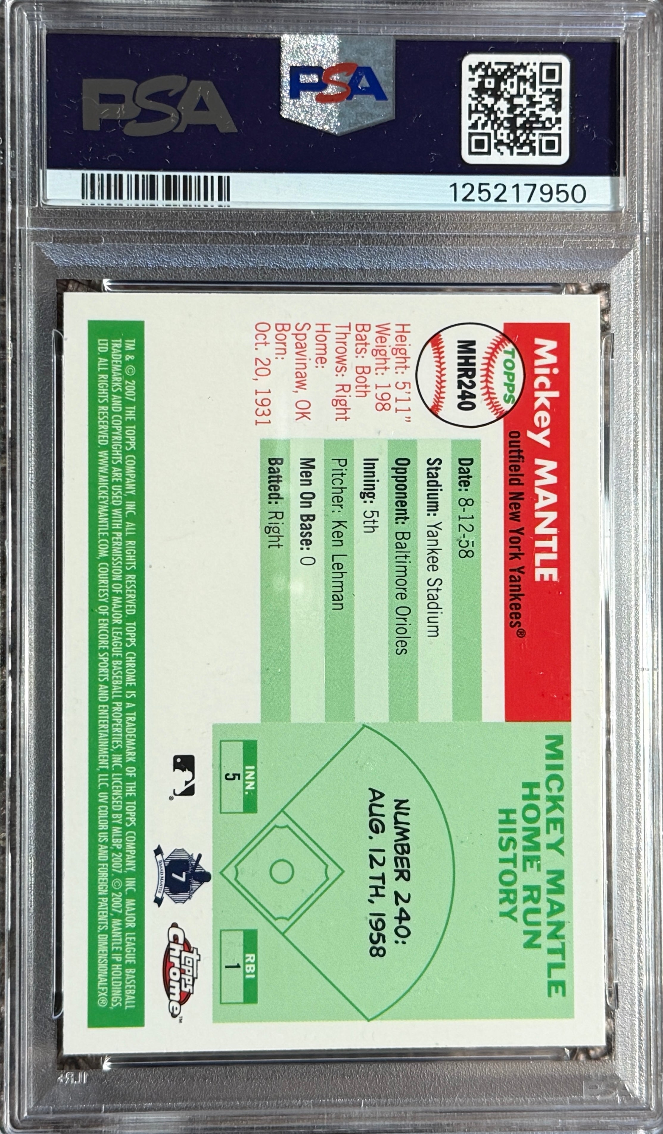 2007 Topps Chrome Mickey Mantle #240 PSA 9 HOF