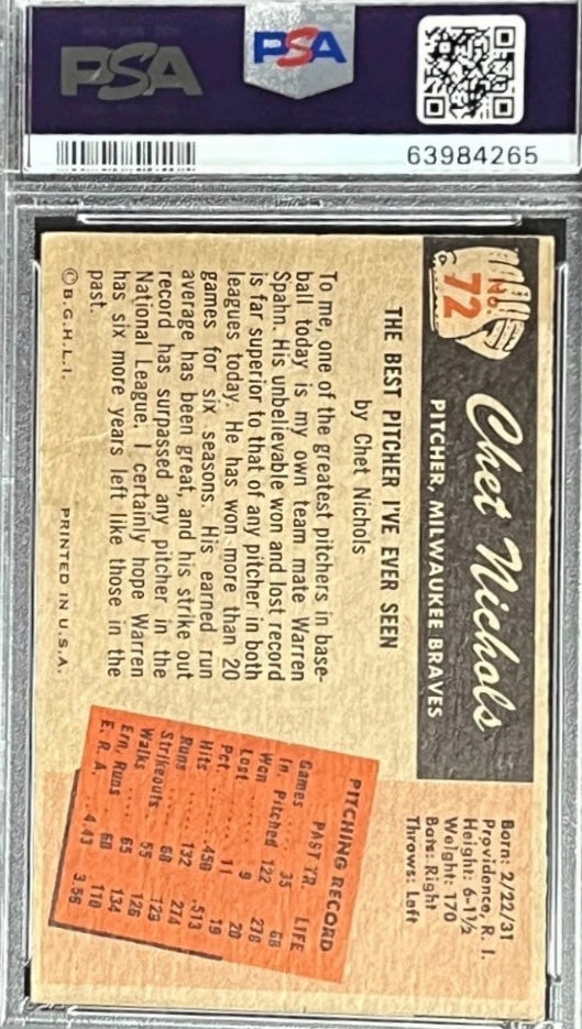 1955 Bowman Chet Nichols #72 Milwaukee Braves PSA