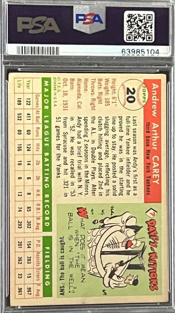 1955 Topps Andy Carey #20 New York Yankees PSA 2