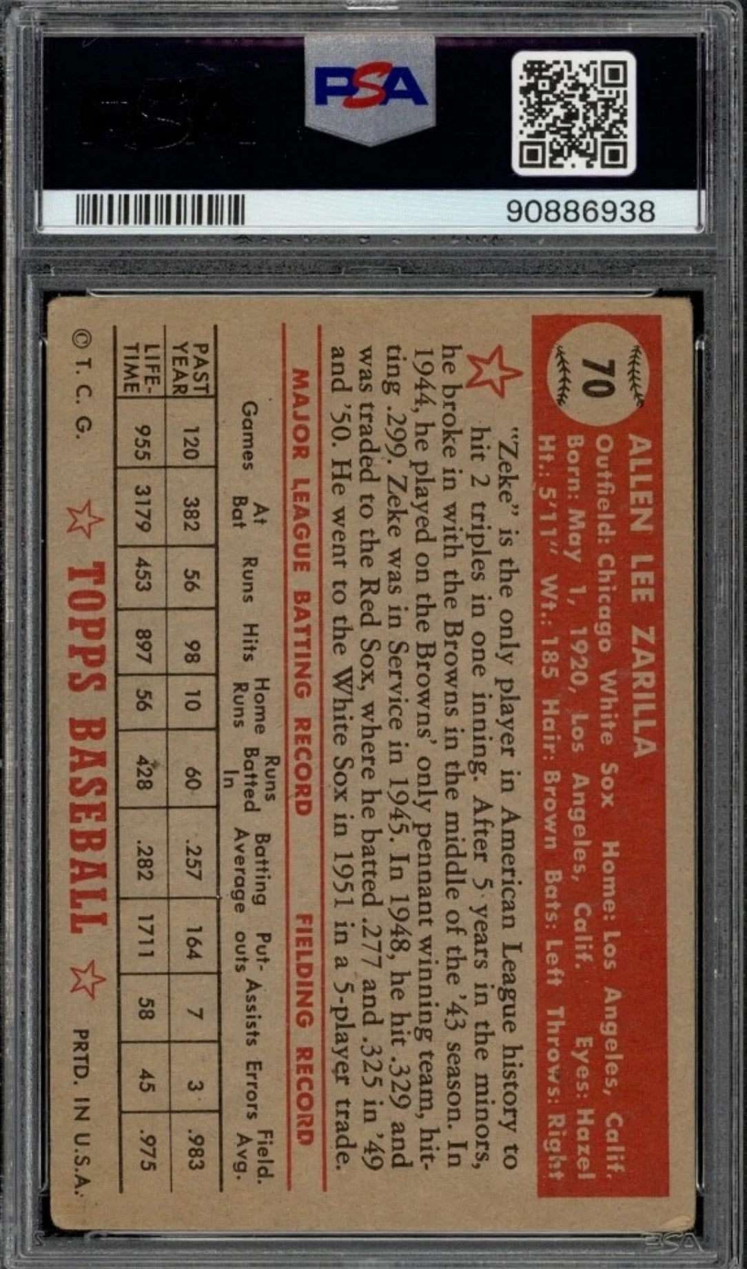 1952 Topps Set-Break # 70 Al Zarilla PSA 2.5