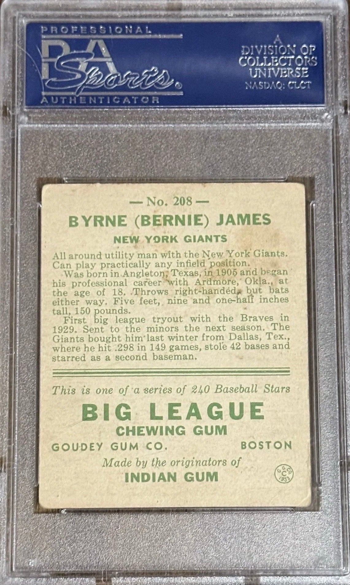 1933 Goudey Baseball # 208 Byrne (Bernie) James (RC) PSA 2 Good