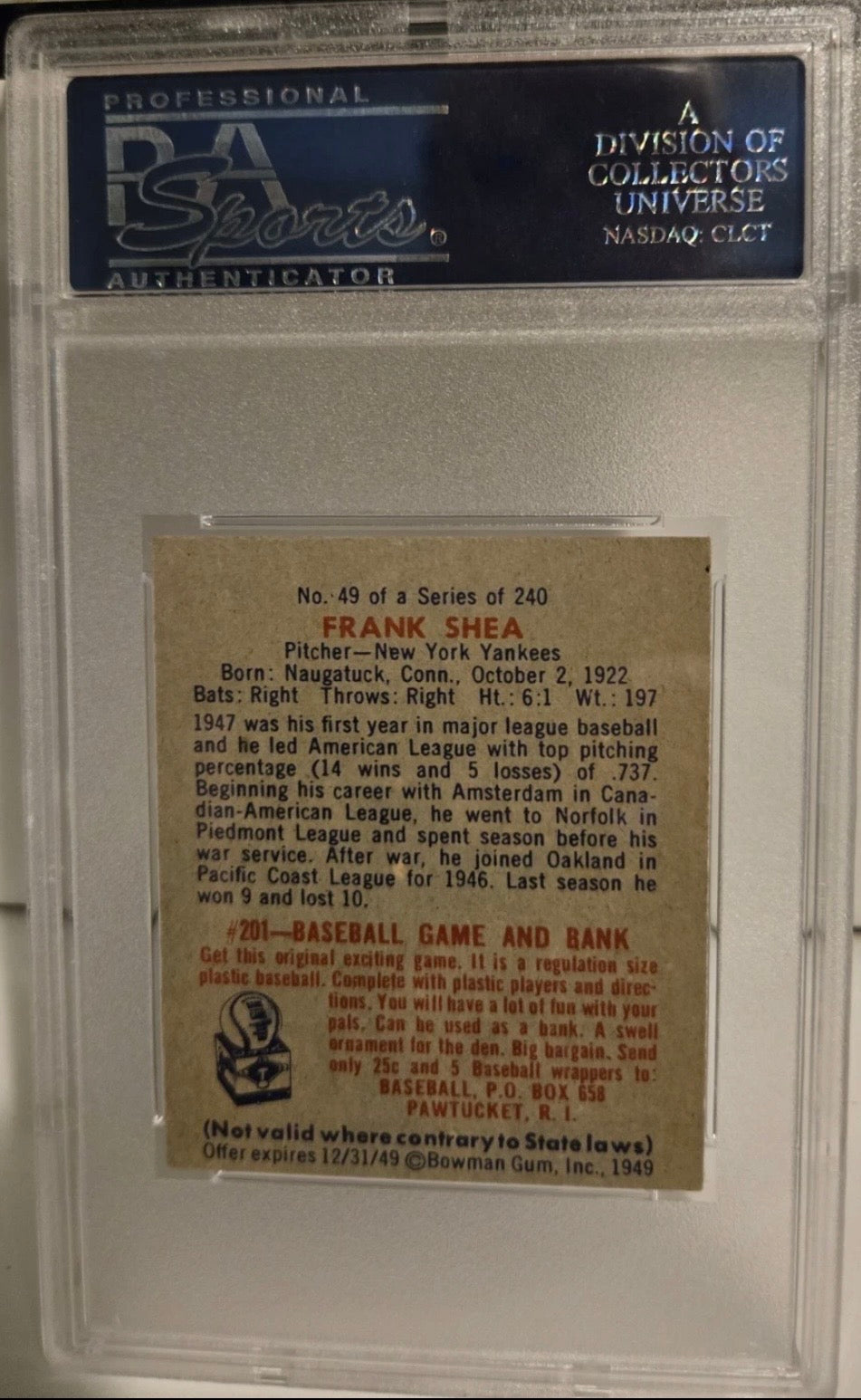 1949 Bowman Frank Shea PSA 6 Yankees