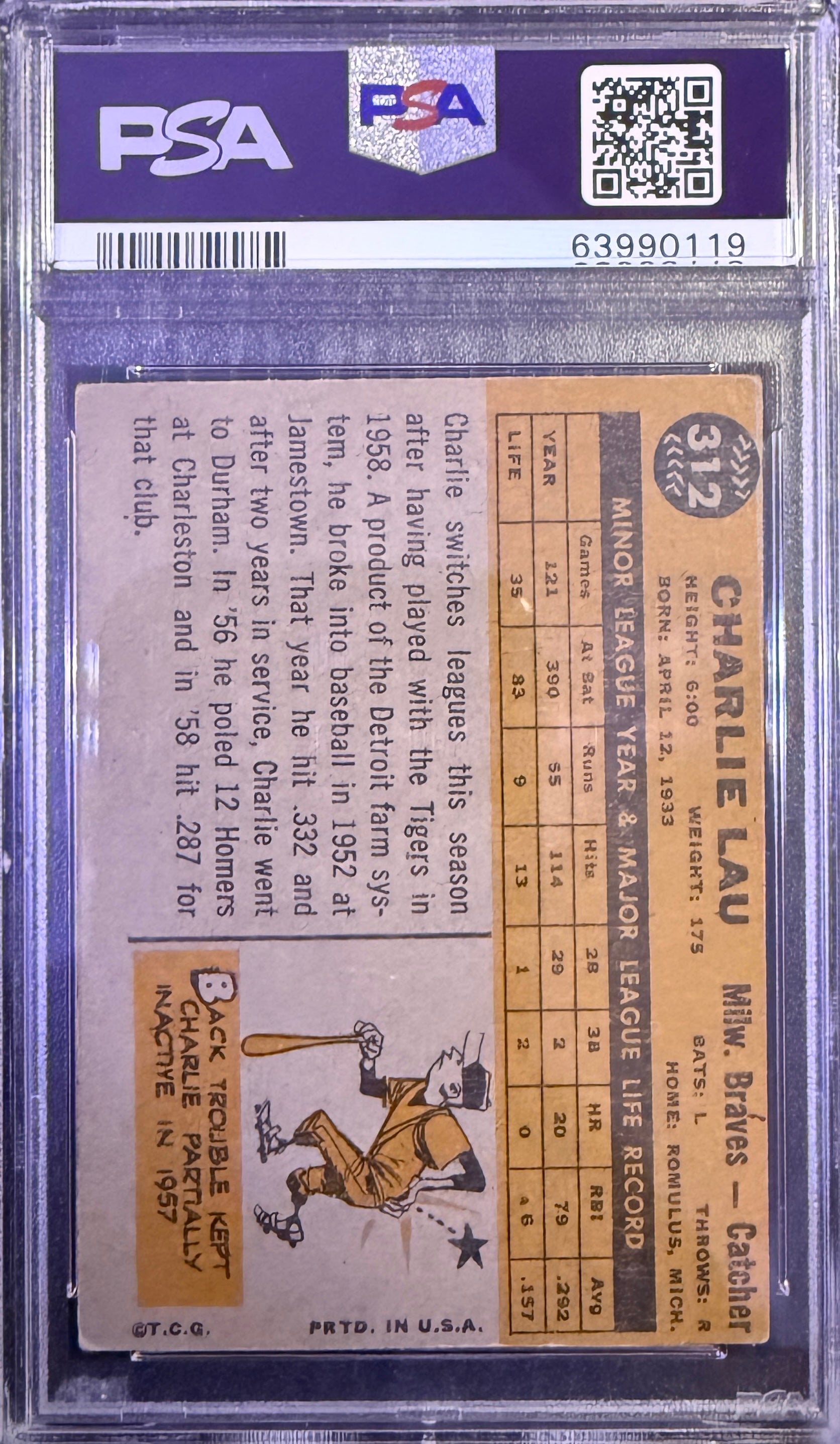 1960 Topps Charlie Lau #312 Milwaukee Braves PSA 3