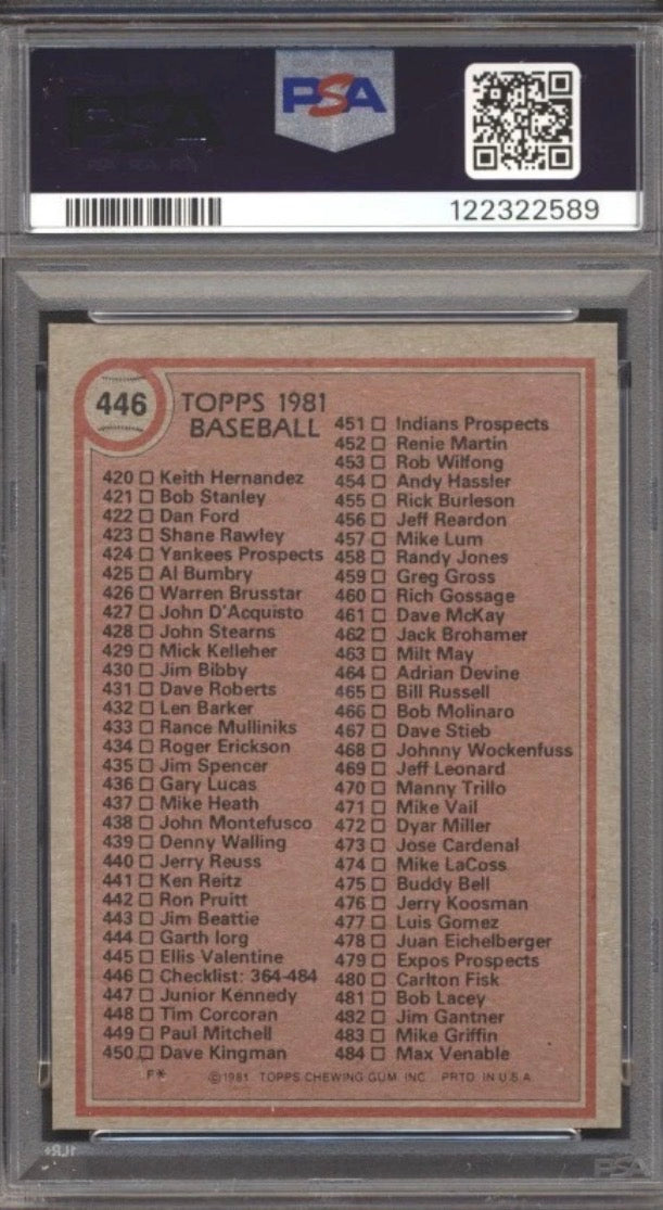 1981 Topps Baseball Checklist 374-484 card PSA 8
