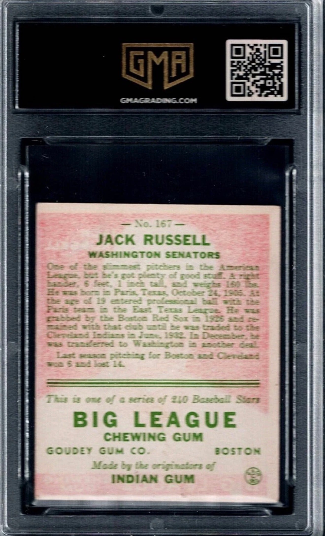 1933 Goudey #167 Jack RUSSELL RC - GMA 3 - Washington Senators