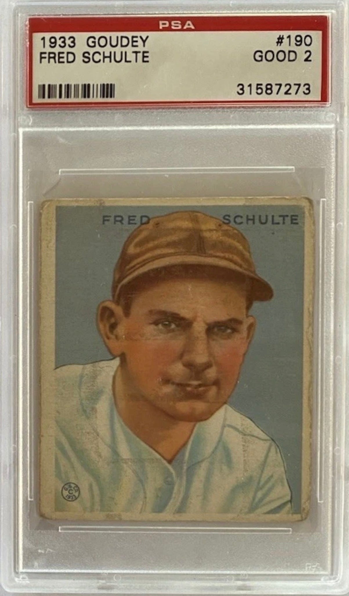 1933 Goudey Fred Schulte #190 Rookie Card Washington Senators PSA 2 GOOD