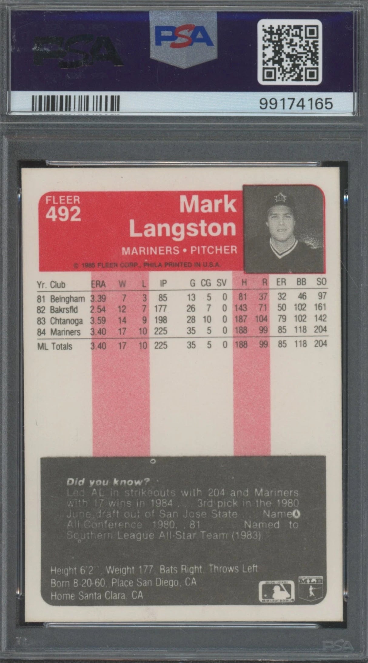1985 Fleer Baseball #492 Mark Langston Rookie PSA 9