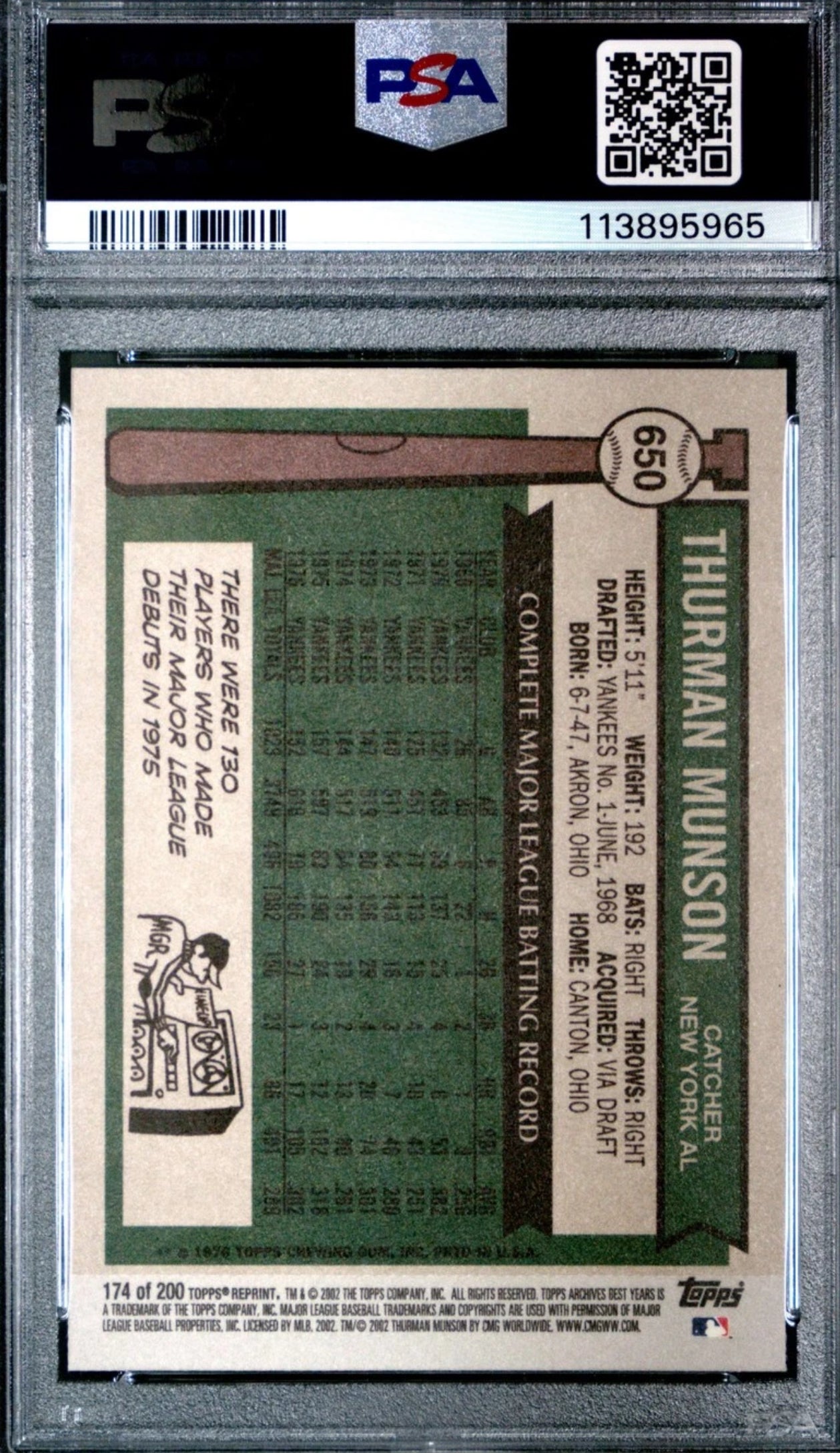 2002 TOPPS ARCHIVES #174 THURMAN MUNSON PSA 10