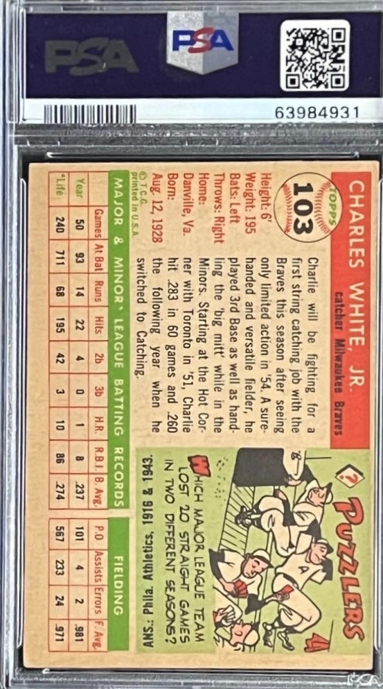 1955 Topps Charlie White Rookie RC #103 Milwaukee Braves PSA 4