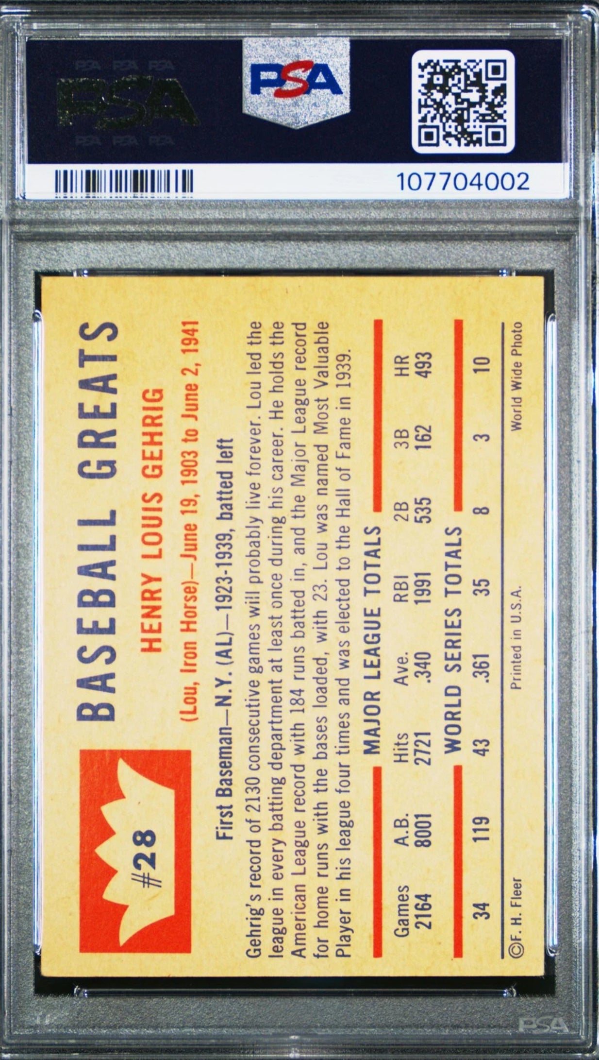 1960 FLEER #28 LOU GEHRIG PSA 4.5