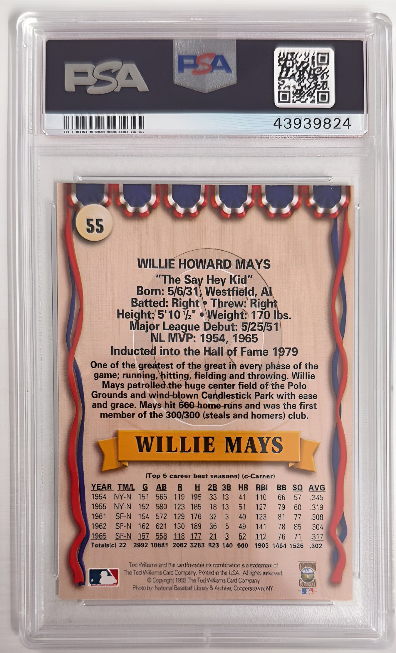 Willie Mays 1993 Ted Williams Card Company #55 PSA 9 HOF