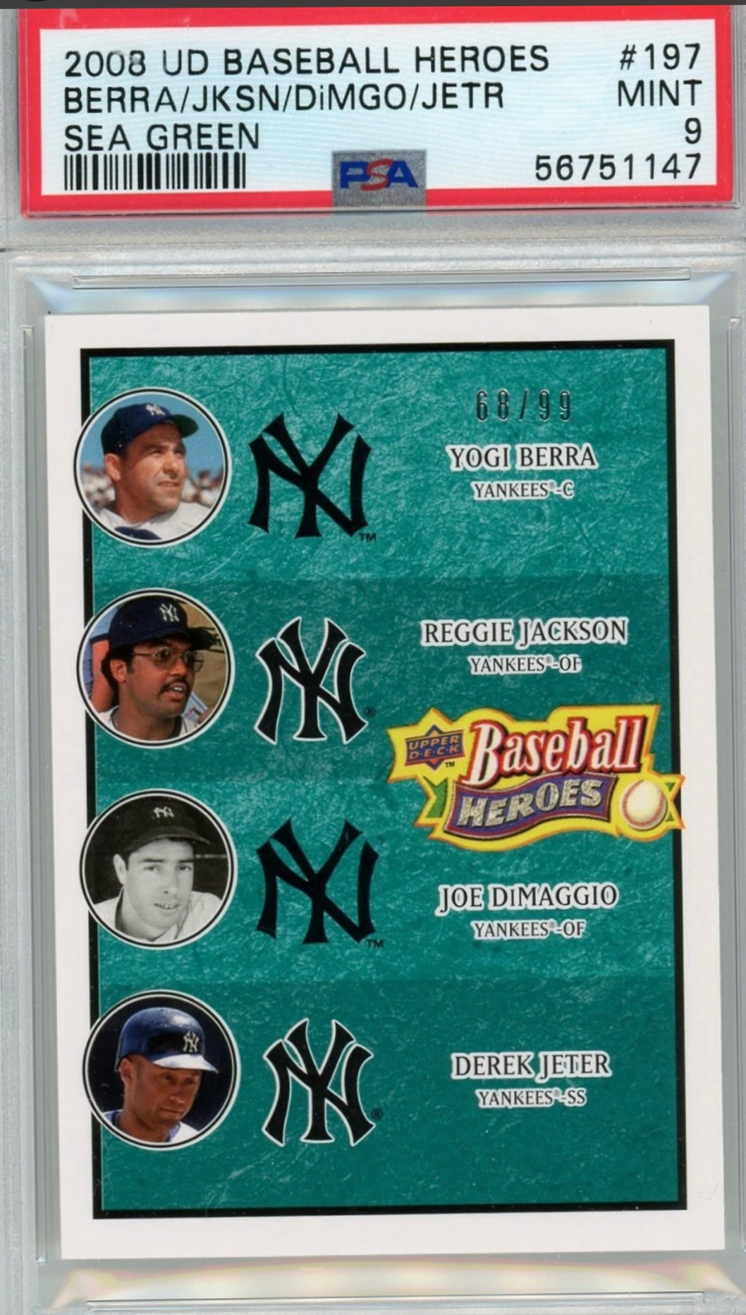 2008 YANKEES Berra, Jackson, DiMaggio, Jeter Sea Green /99 PSA 9