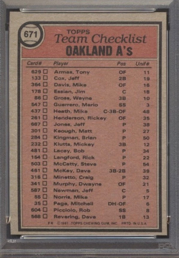1981 Topps Baseball A’s team card PSA 8