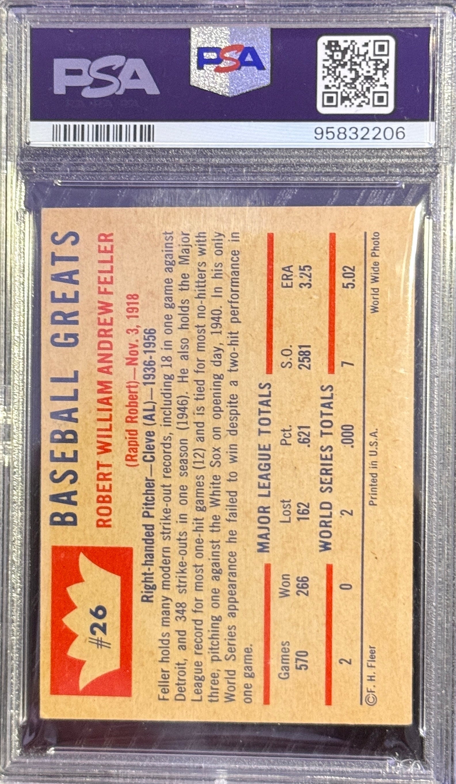 Bob Feller 1960 Fleer Baseball Greats #26 HOF Cleveland Indians