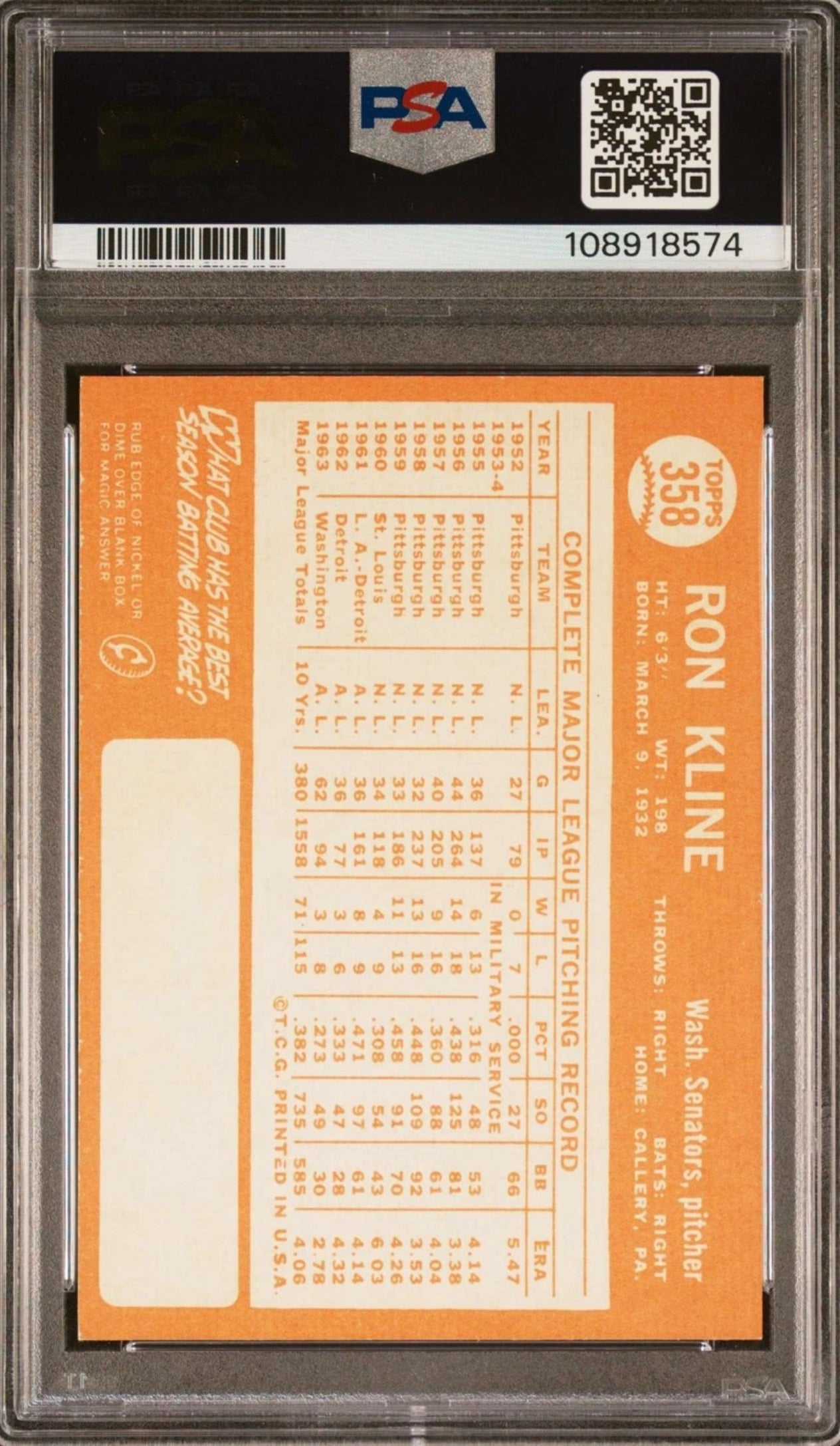 1964 TOPPS #358 RON KLINE PSA 8