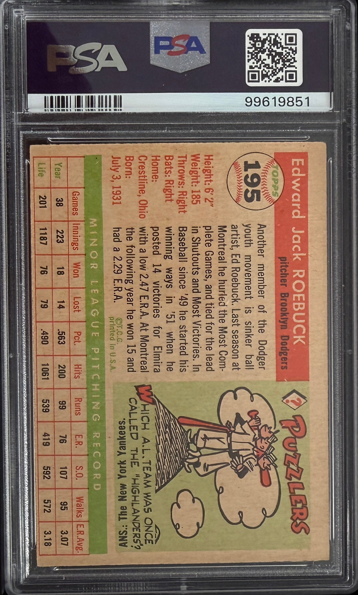 1955 Topps -Ed Roebuck PSA 3 Brooklyn Dodgers