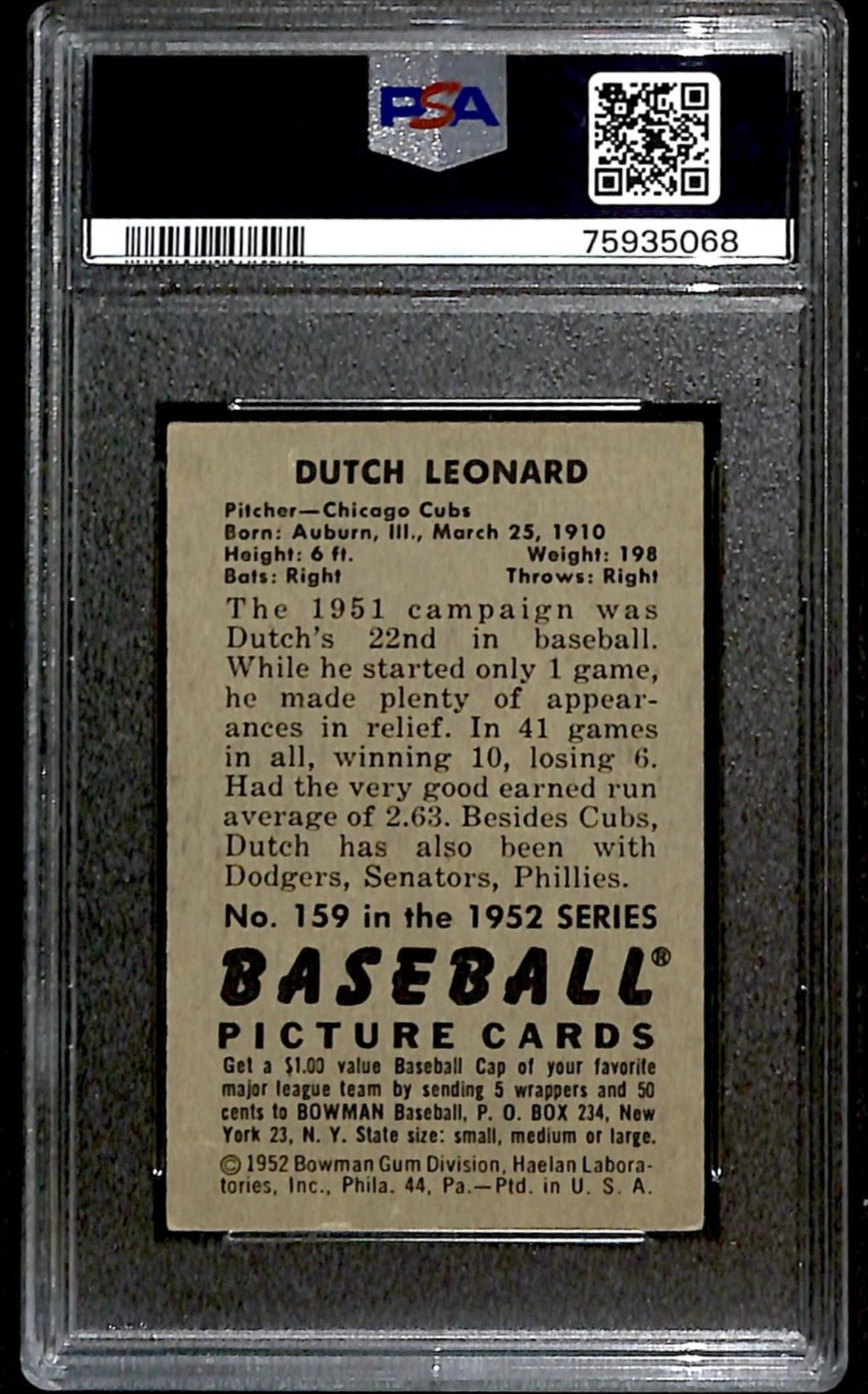 1952 Bowman Dutch Leonard PSA 4