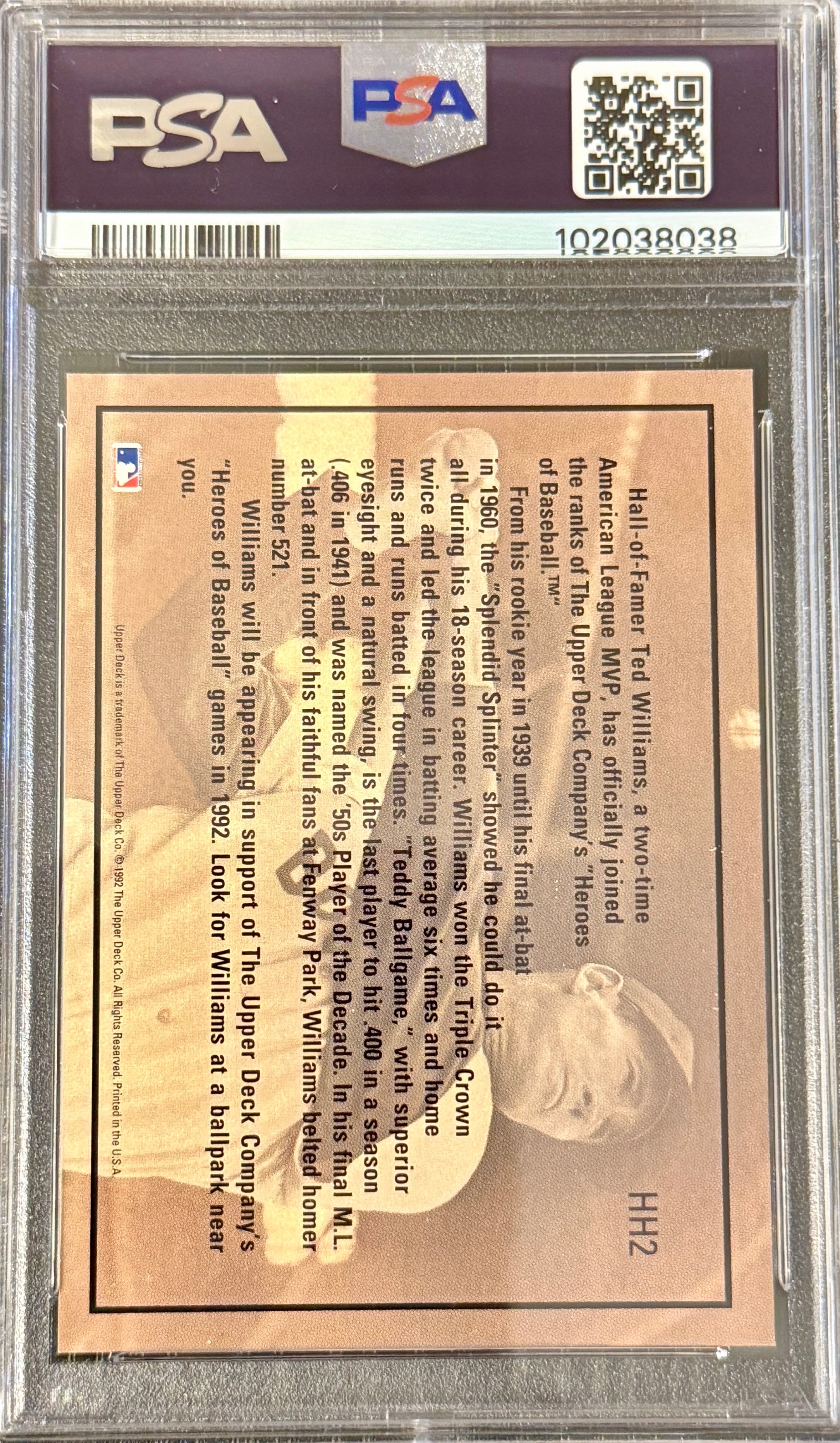 1992 UPPER DECK HOLOGRAM #HH2 TED WILLIAMS PSA 8