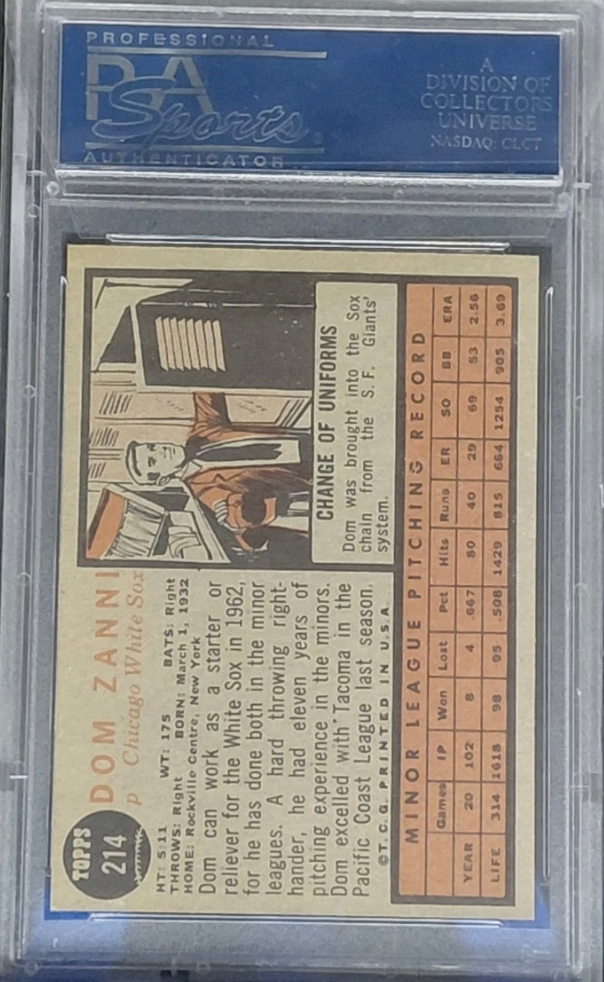 1962 Topps Baseball #214 Dom Zanni Chicago White Sox PSA 6.5 EX-MT+