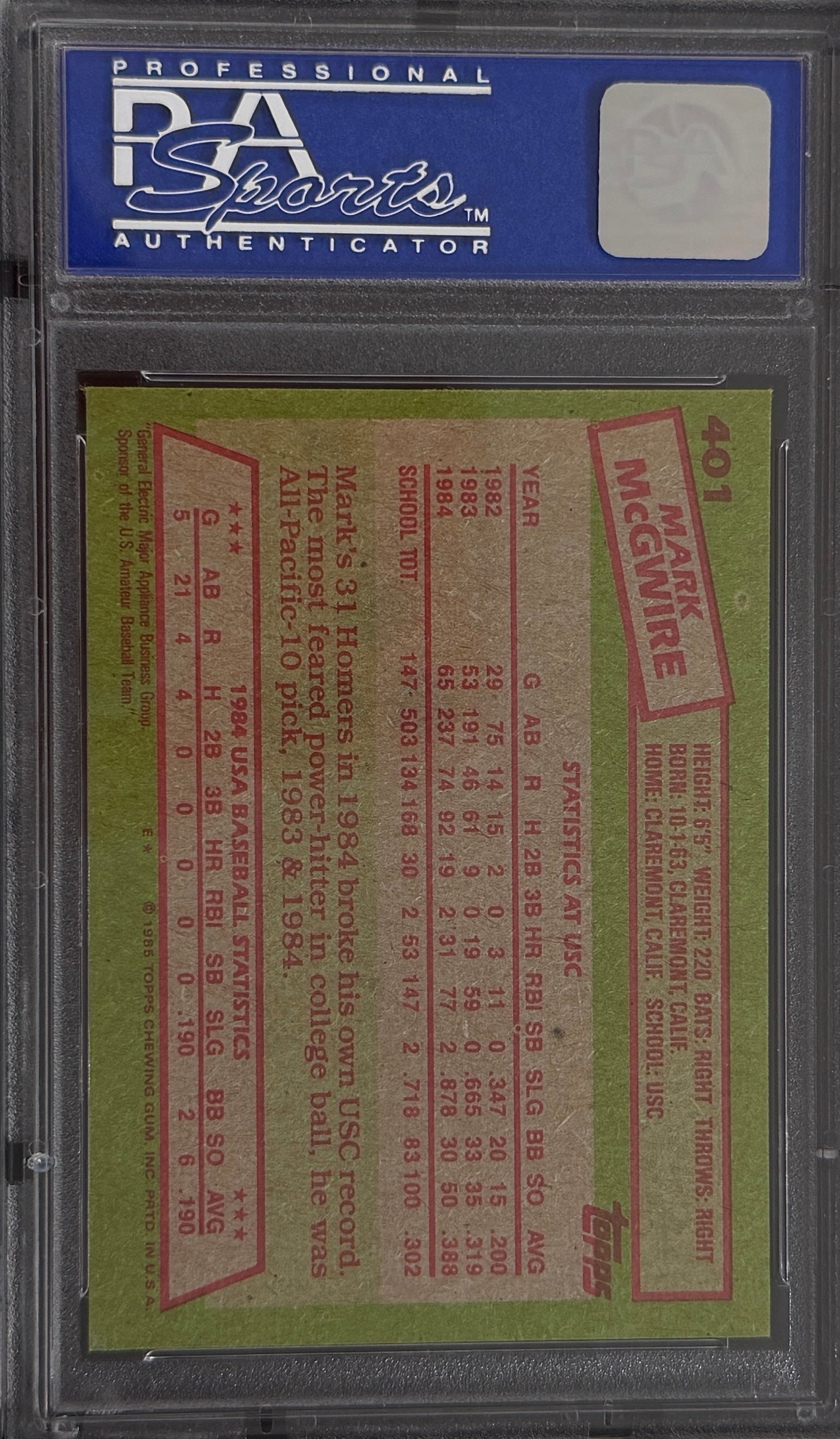 1985 Topps Mark McGwire #401• PSA 8