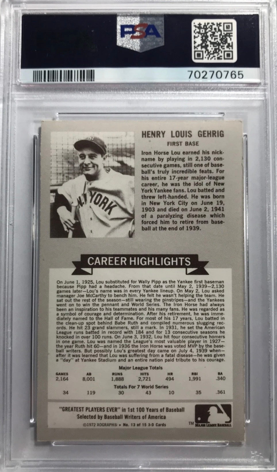 Lou Gehrig 1972 Kelloggs All Time Baseball Greats Card #13 YANKEES GRADED PSA 6