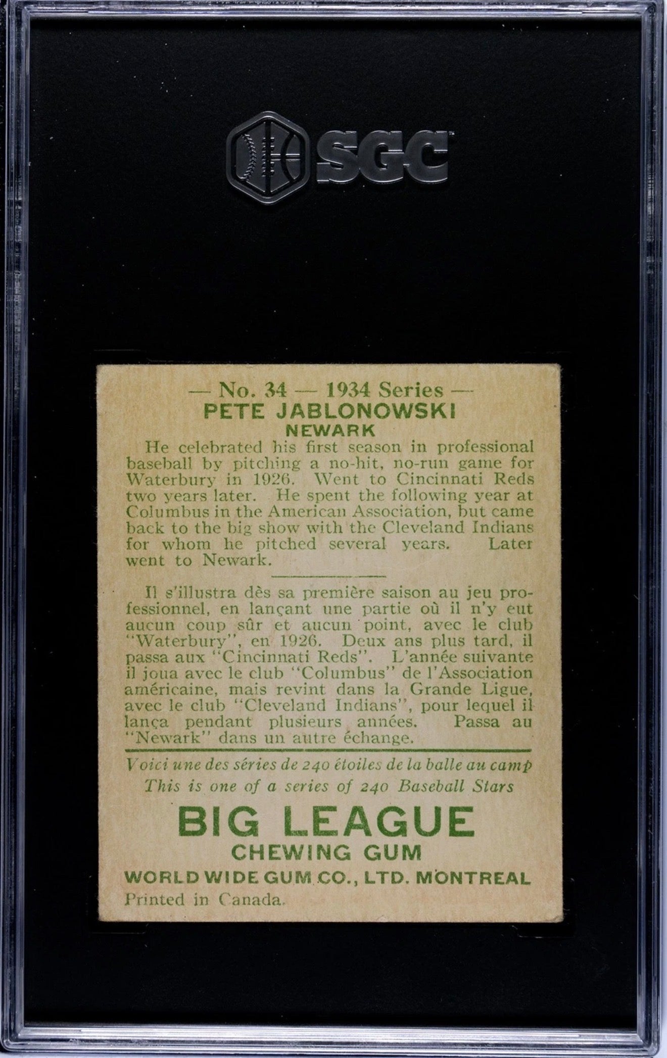 *1933 PETE JABLOWOWSKI BASEBALL CARD BIG LEAGUE GUM - GRADED 1.5 - SGC*