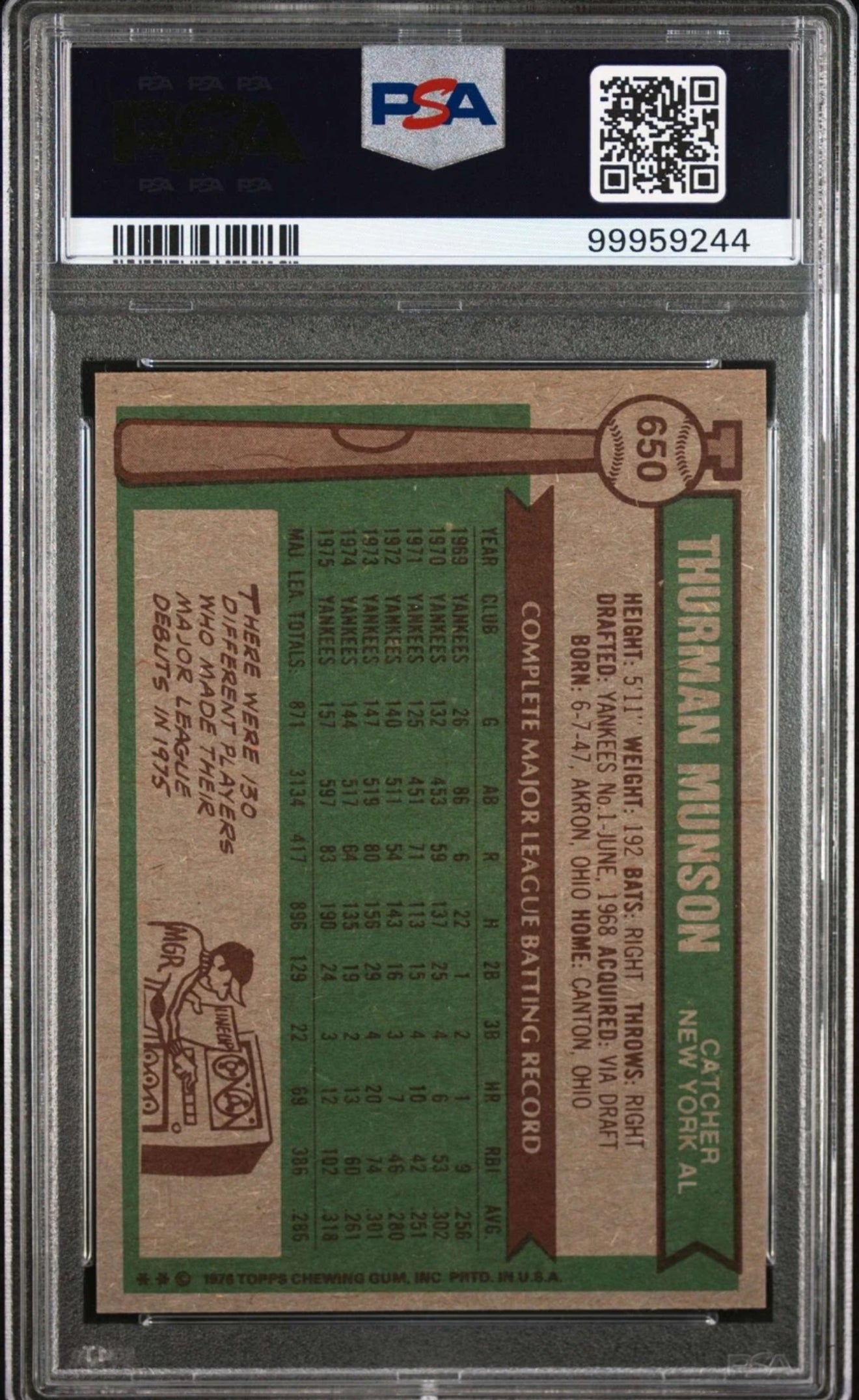 1976 TOPPS #650 THURMAN MUNSON PSA 8