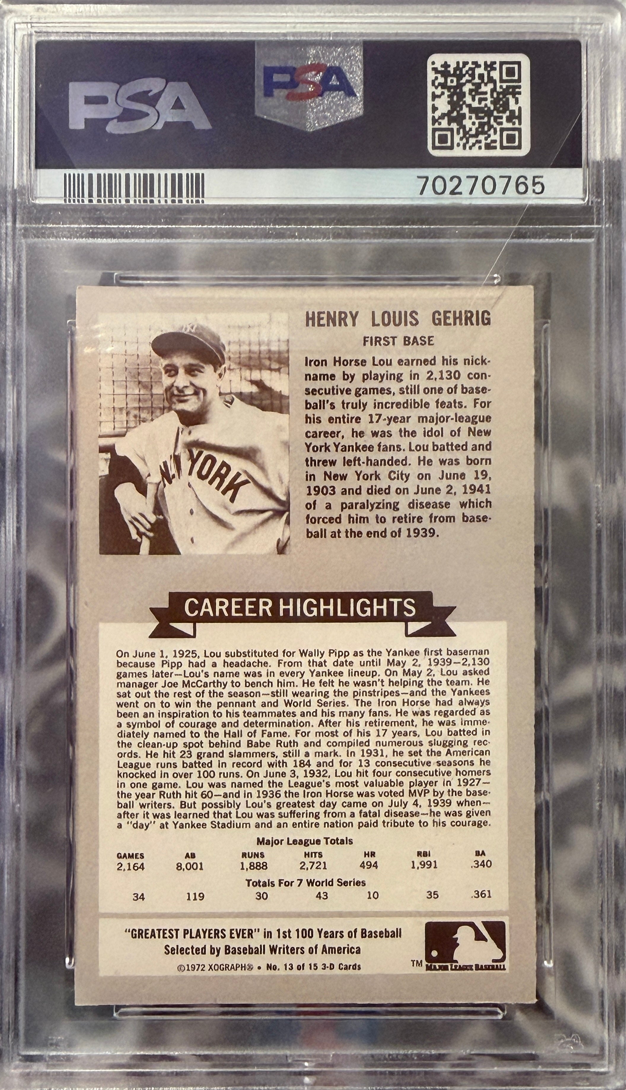 1972 Kellogg’s Lou Gehrig #13 PSA 6- Holographic