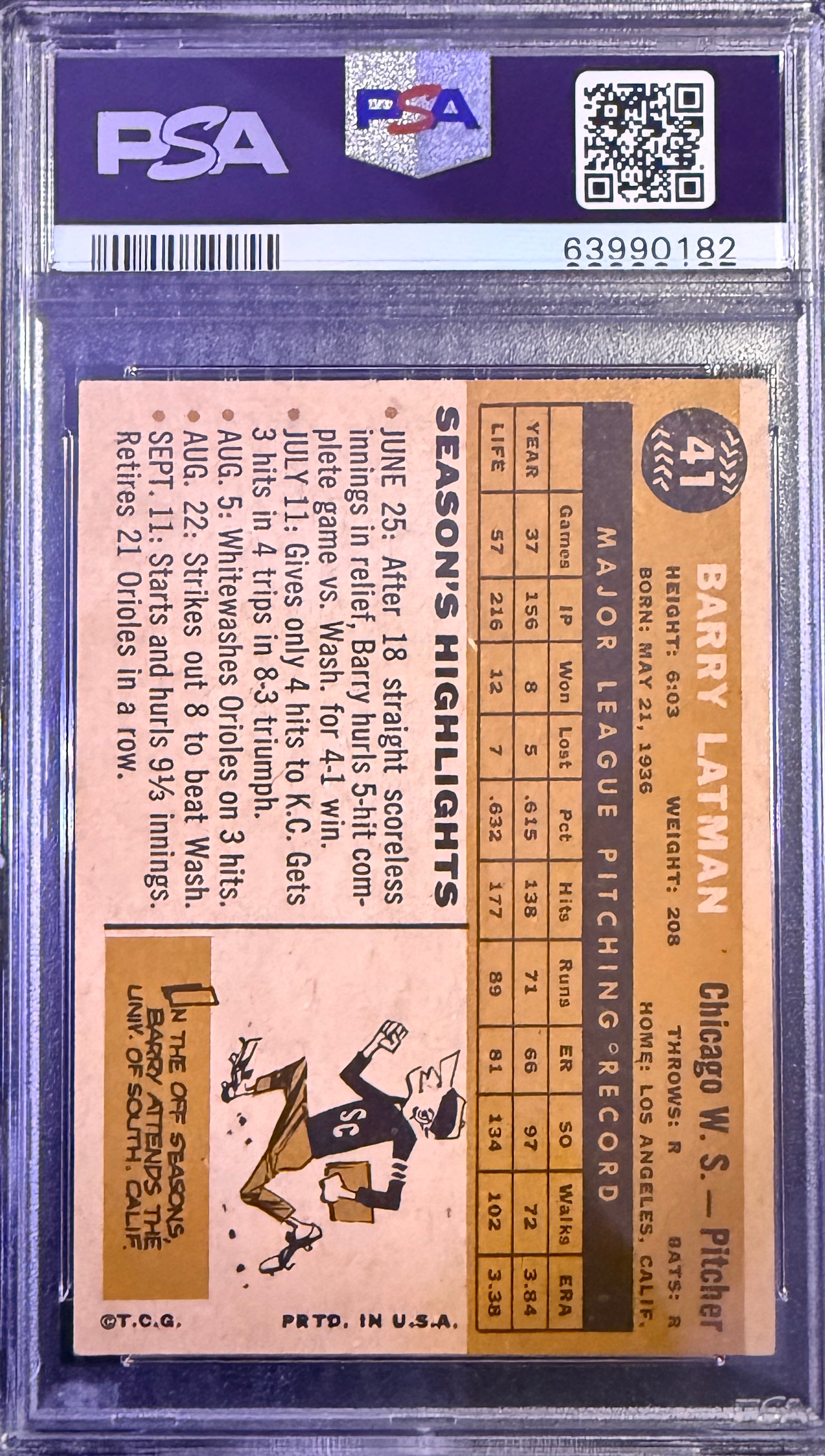 1960 Topps Barry Latman #41 Chicago PSA 4.5