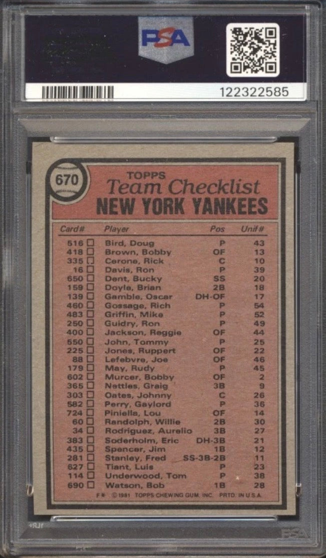 1981 Topps Baseball Yankees team card PSA 8