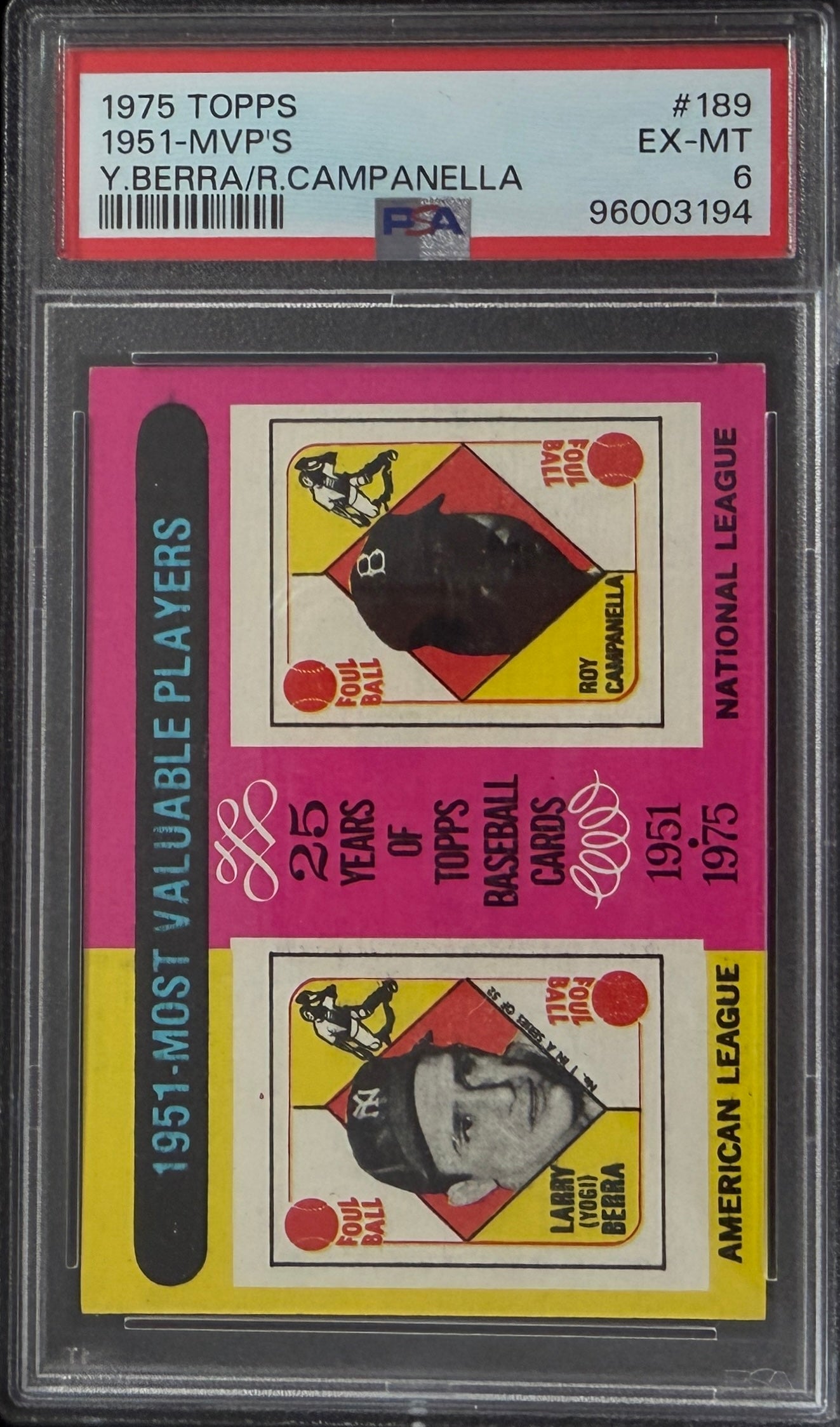 1975 Topps 1951 MVP’s #189 PSA 6 Y.Berra