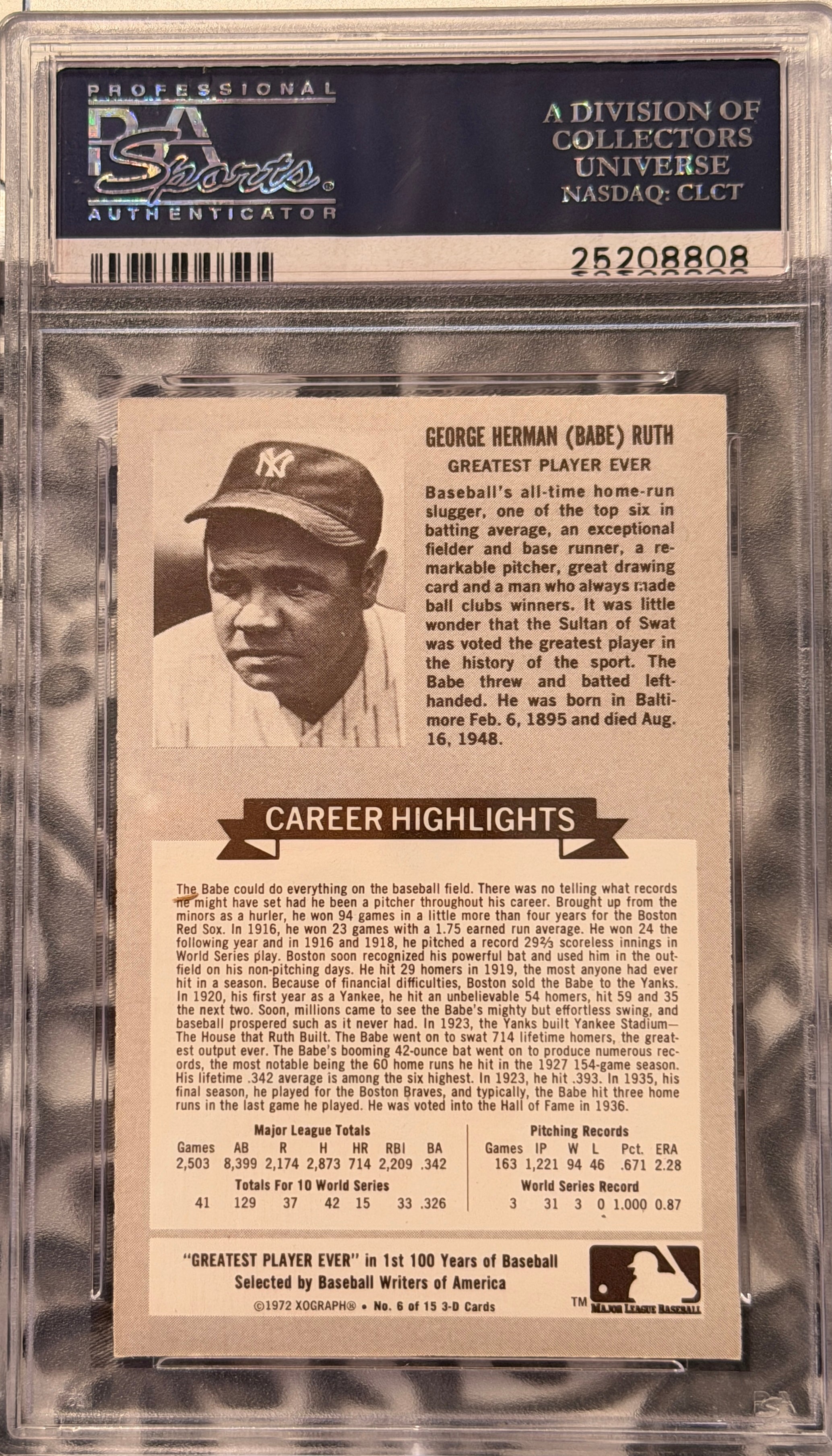 babe ruth holographic baseball card 1972 Kellogg’s Babe Ruth #6 PSA 9- Holographic