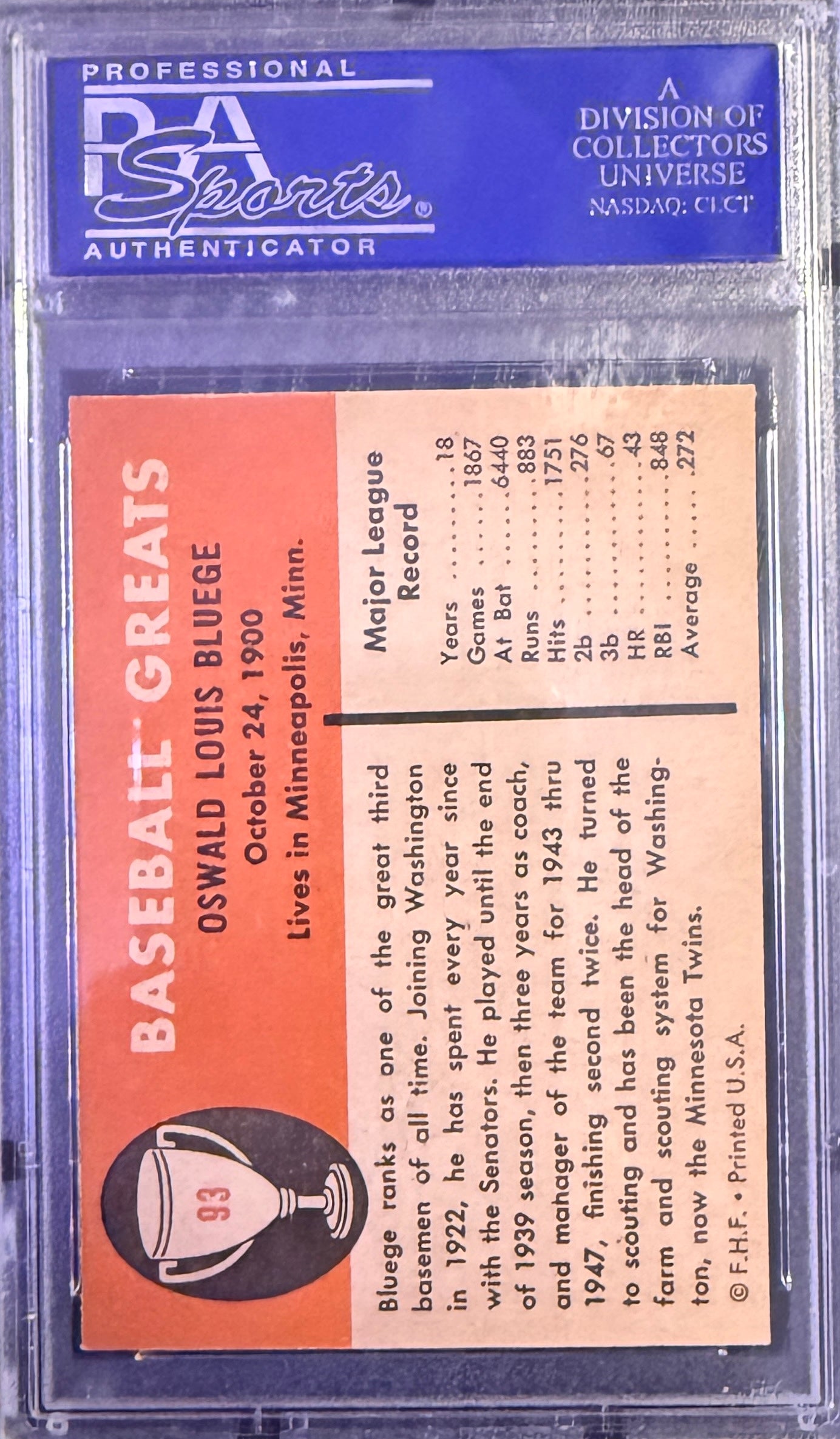 OSSIE BLUEGE PSA 9 (OC) 1961  FLEER #93 MINT