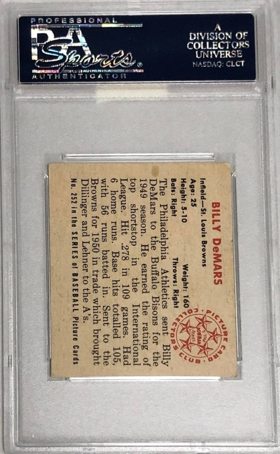 1950 BOWMAN BILLY DEMARS #252 BASEBALL CARD GRADED PSA 5